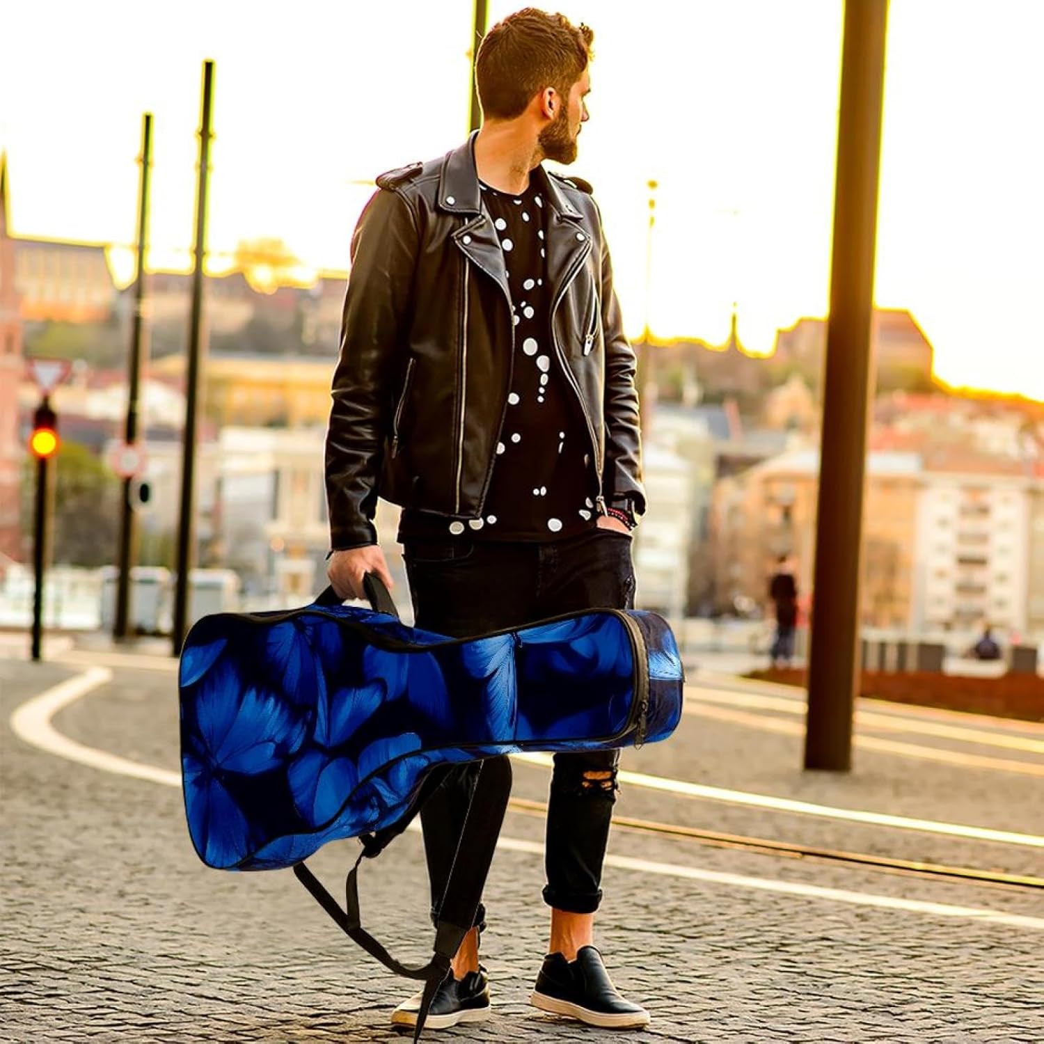 Aesthtetic Butterflies Blue Colors Acoustic Guitar Gig Bag, 1 cm Thick Padding Waterproof Guitar Bag Backpack for 40 41 42 Inch Electric Bass Classical Guitars