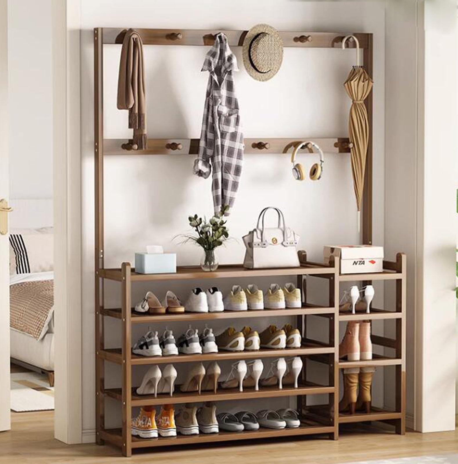 MYUYEE Wood Hallway Coat Rack Stand With Bench - Hall Tree With Hooks, Tier Shoe Storage, Entryway Storage Shelf For Small Apartment Or Rental House(Brown-W100Cm)
