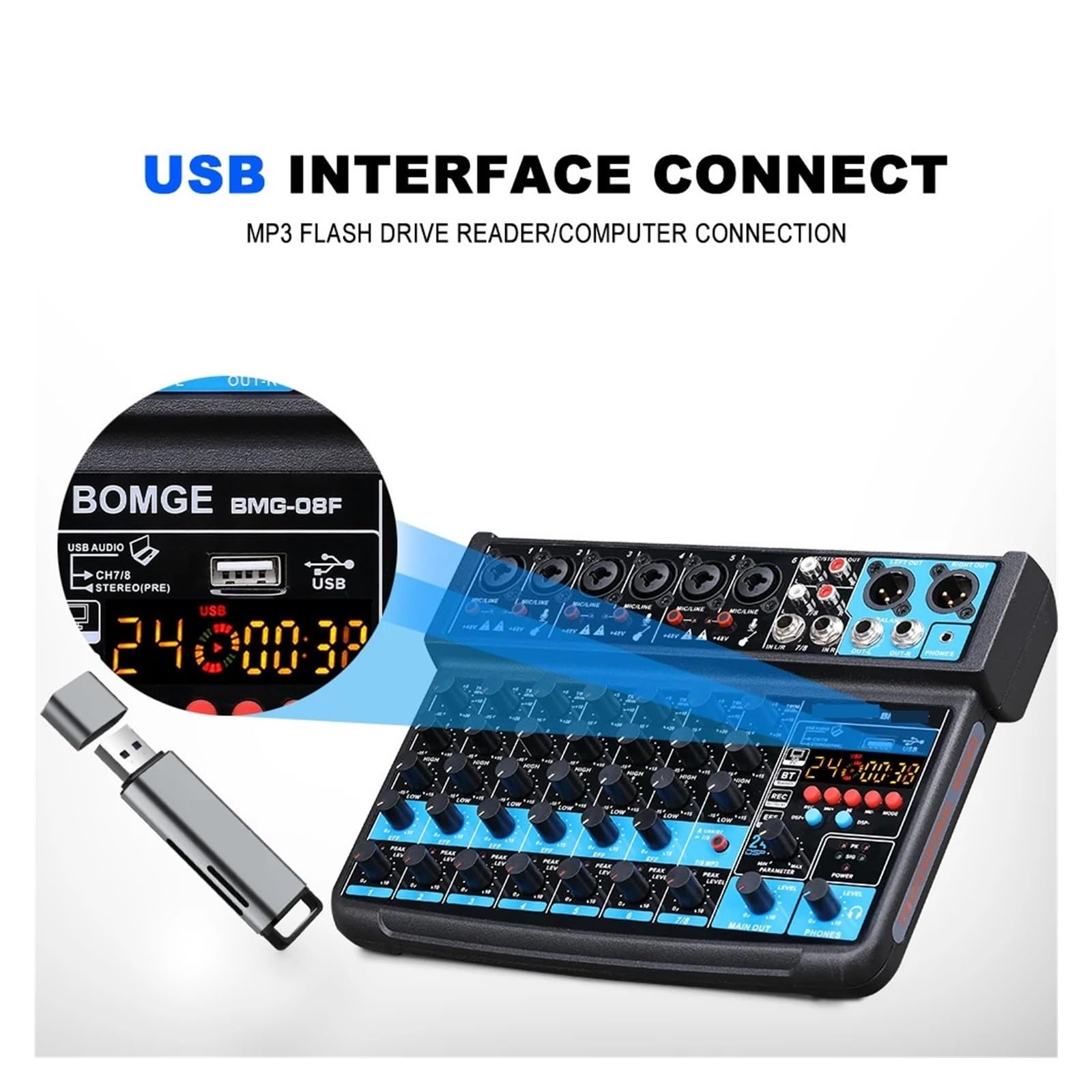 Mixer Audio Mini Mixer A 8 Canali, DC 5 V, Bluetooth, 48 V, 24 Effetti For Piccoli Club O Bar, Registrazione In Studio(Black)