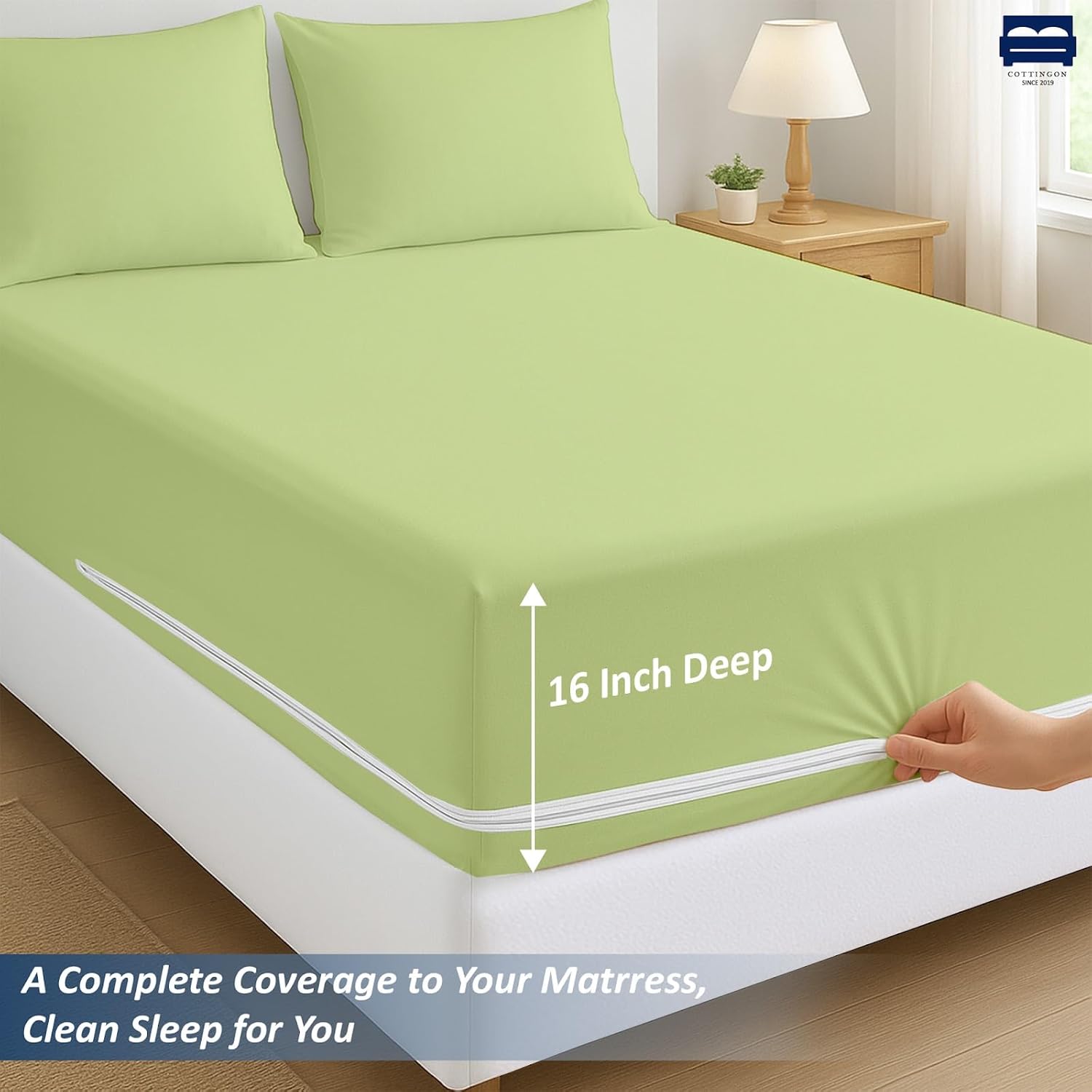 Queen 1 PC Zipper Fitted Sheet, Brushed Premium Quality Microfiber, Soft Shrinkage and Fade Resistant Bottom Sheet fits Upto 16 Inch Deep Pocket, Zipper Mattress Cover, Sage