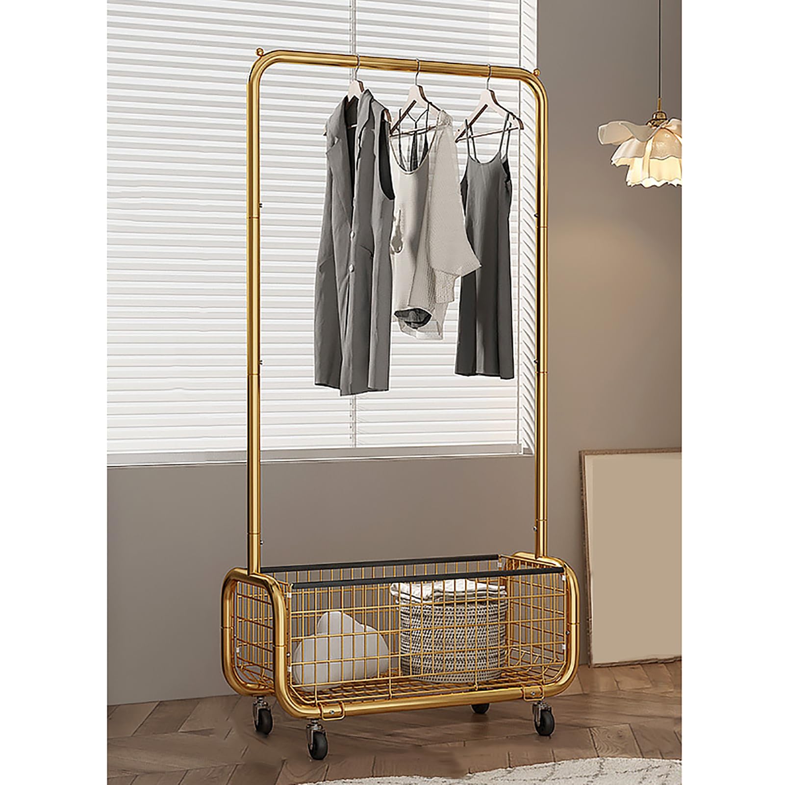 Appendiabiti in metallo con ruote, cesto portaoggetti in lino, regolabile, per camera da letto, 80 x 37 x 165 cm, supporto versatile con supporto per appendere
