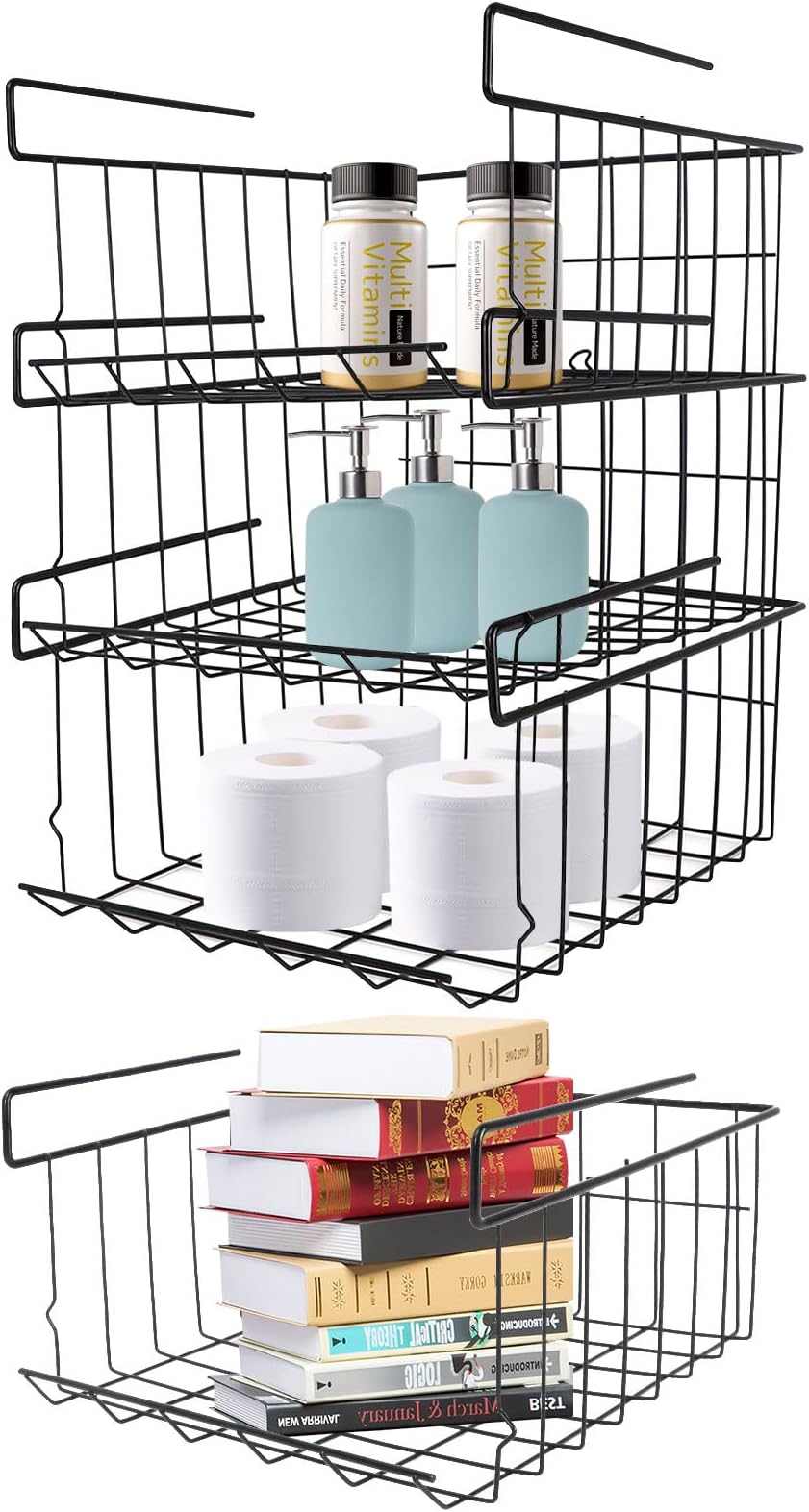 CUGBO4Pcs Under Cabinet Organizer Wire Shelf, Metal Hanger Basket, Fruit Towel Book Storage Rustic Snack Organizer for Kitchen Bathroom Office