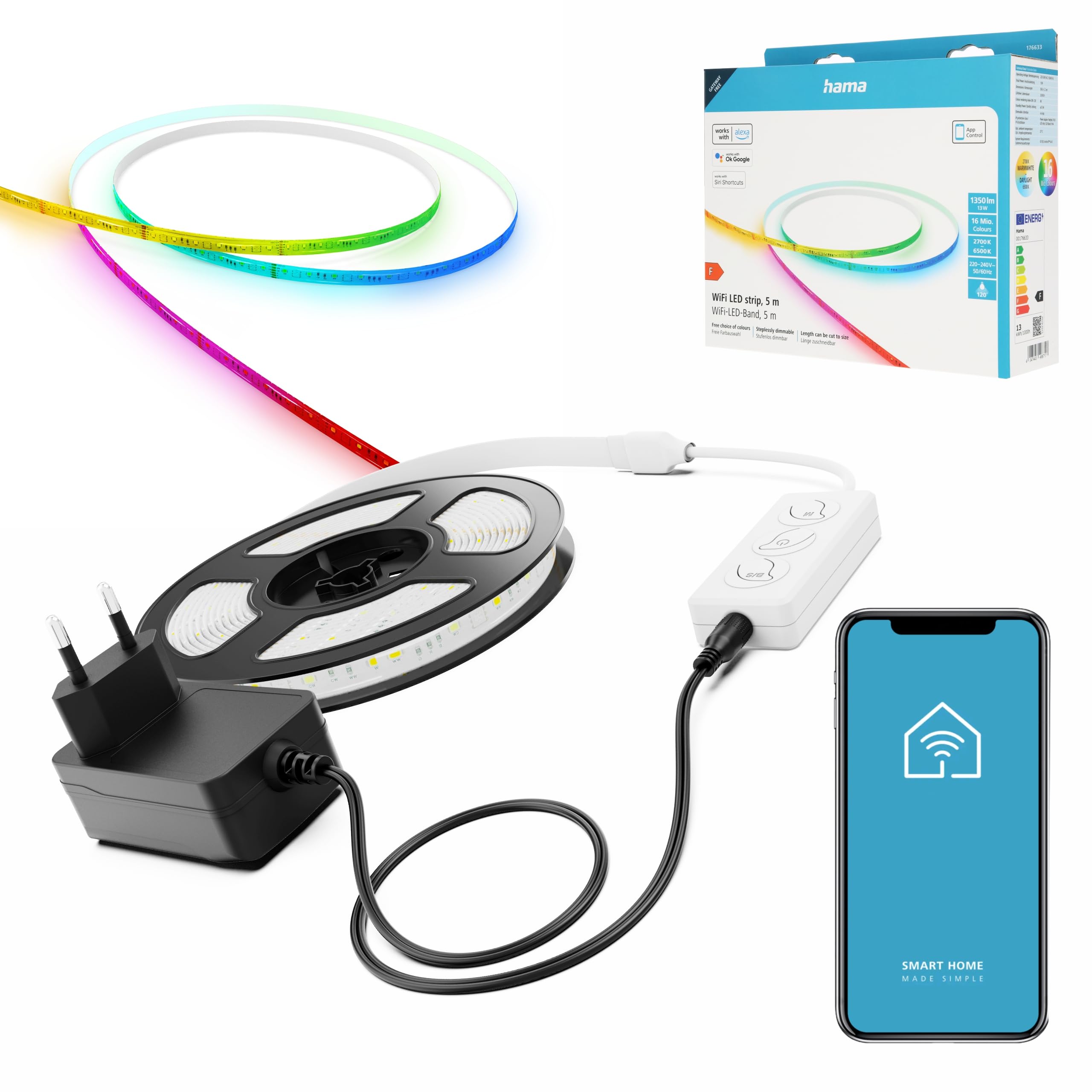 Hama, Tiras led RGB, Luces led habitación 5m, hasta 16 millones de colores y temperatura cromática, control por voz y app, adhesivas
