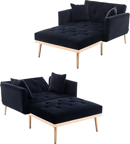 Vista 9 de Tumbona de terciopelo 2 en 1 para interiores con otomana, moderno sofá cama con 3 ángulos reclinables, reposabrazos, silla convertible para sala