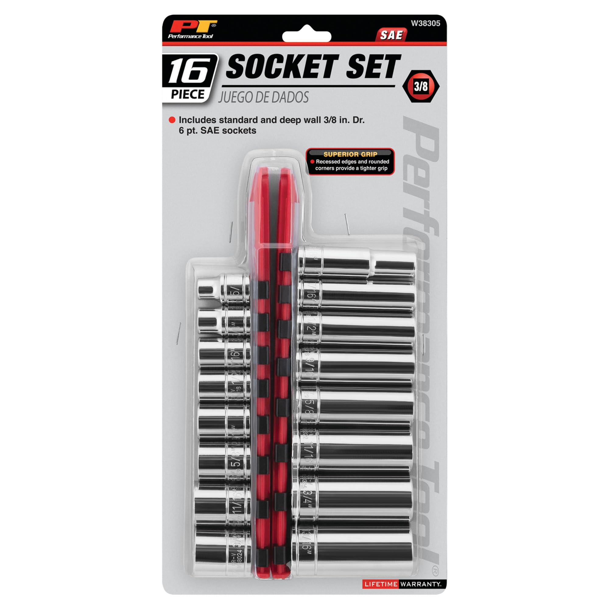 Performance Tool W38305 - Set di chiavi a bussola SAE da 3/8", in cromo vanadio, 16 pezzi, con attacco standard e profondo da 6 pt