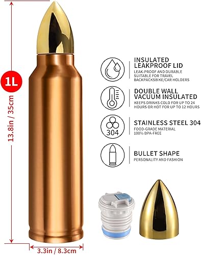 Miniatura 5 de Goetland Botella de agua de acero inoxidable 304 de 34 oz, 1 L, botella de agua aislada al vacío, taza de viaje, frascos sin logotipo, cobre oscuro