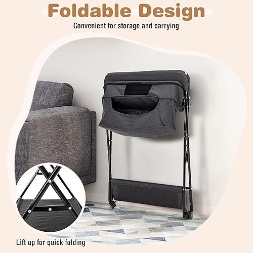 Vista 72 de HONEY JOY Cambiador, organizador móvil plegable con ruedas, altura ajustable, bolsa de almacenamiento y estante abierto, estación portátil para Gris