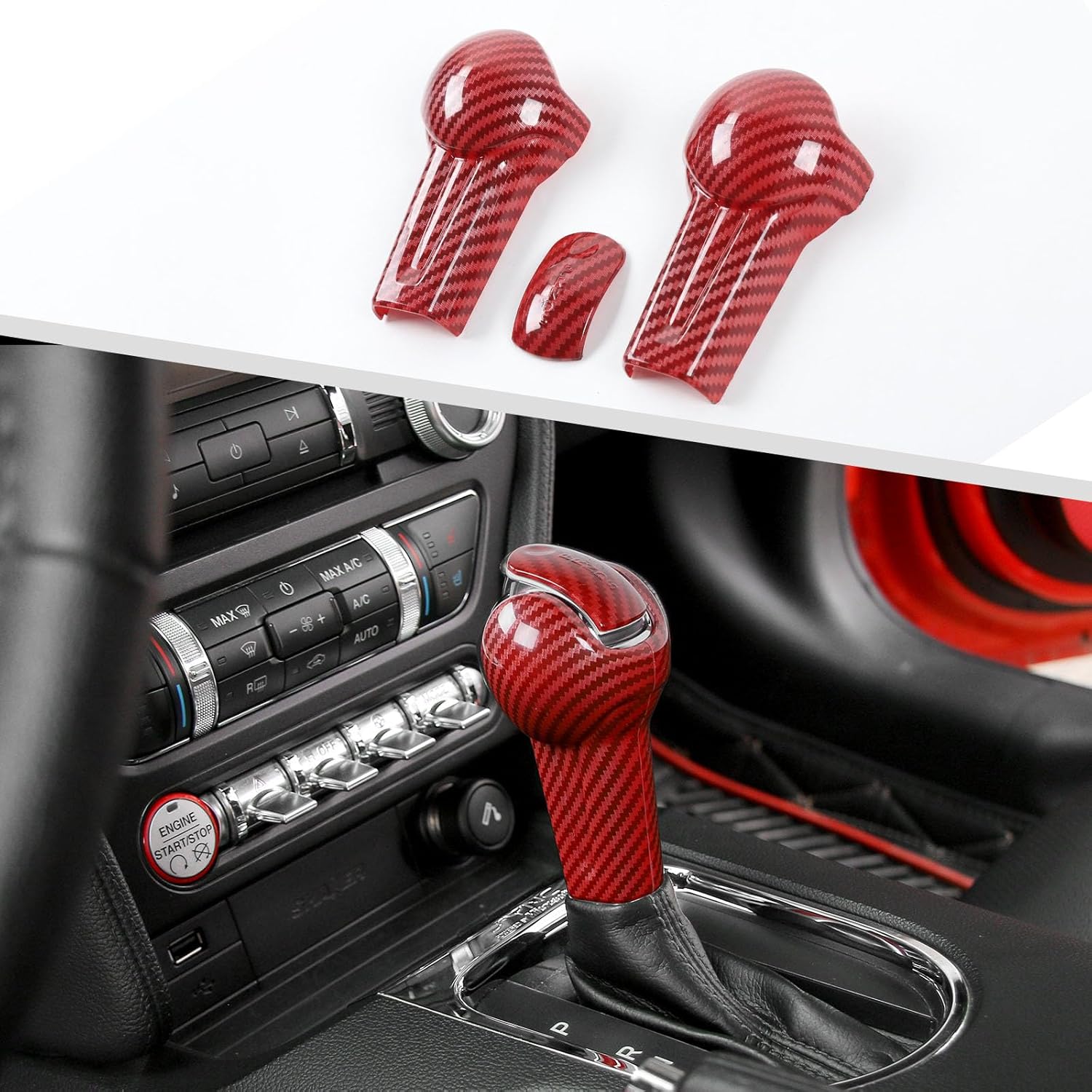 Jimen Compatible with Ford Mustang 2015-2023, 3PCS Gear Shift Knob Overlay Cover Interior Trim Kits (Carbon Fiber)