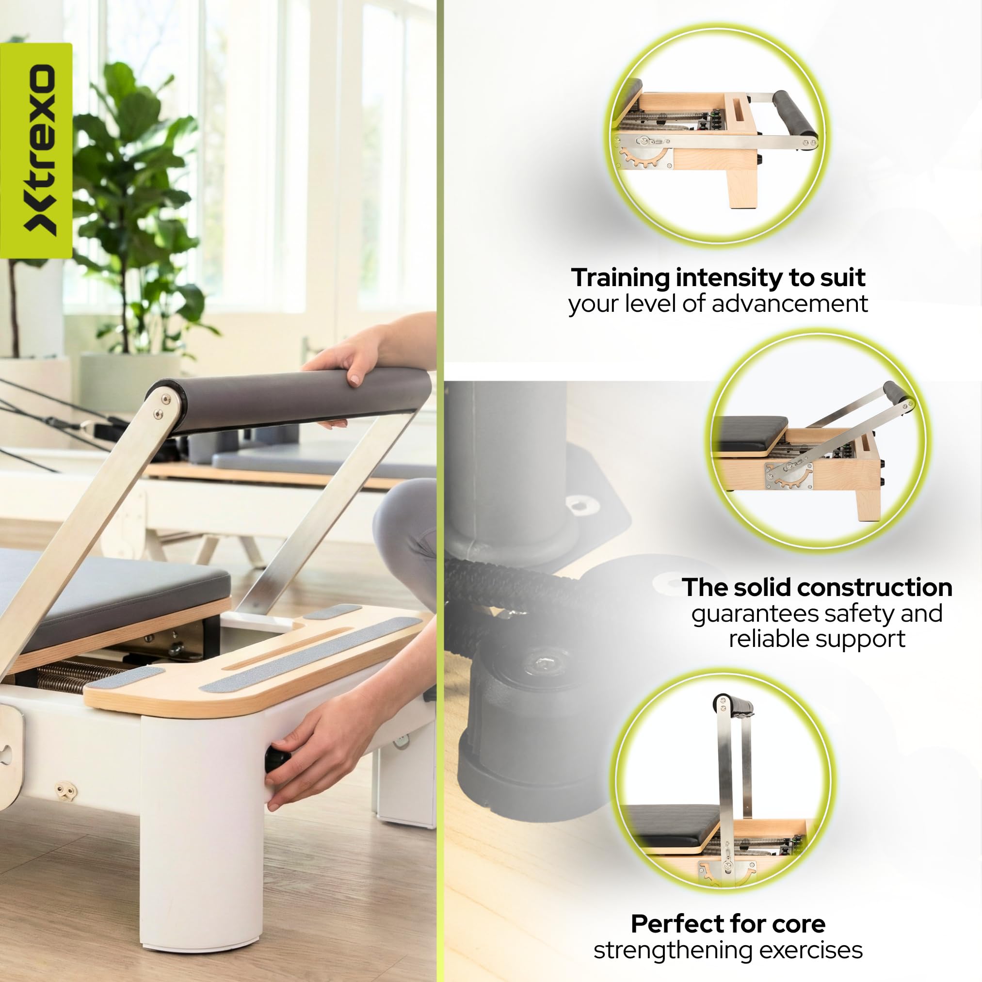 CTRL-Core W – profesjonalny reformer do pilatesu z prawdziwego drewna – składana konstrukcja i 5 sprężyn oporowych – obciążenie do 200 kg – trening całego ciała do domu i studia – w zestawie
