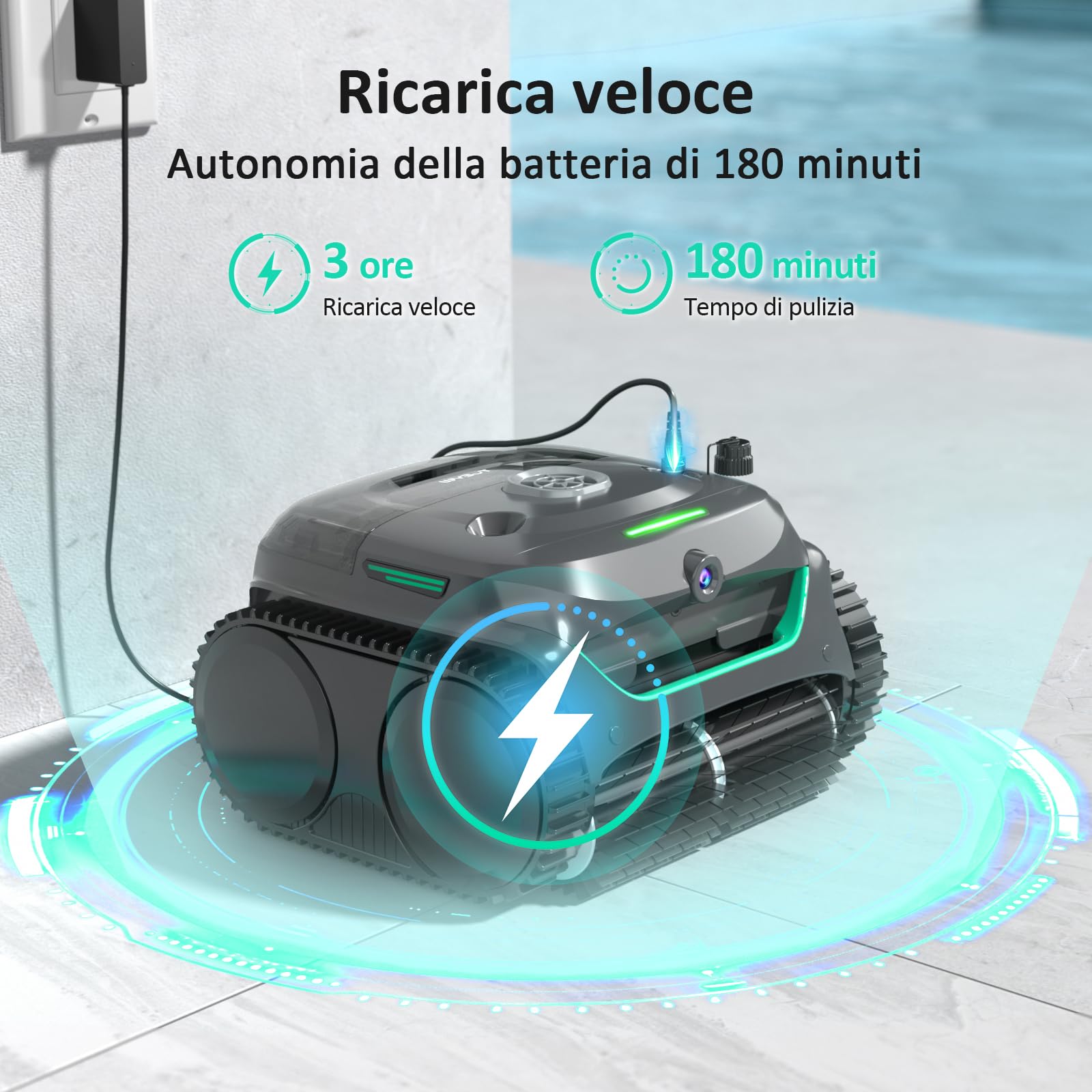 WYBOT C2 Vision AI Telecamera Robot Piscina Cordless con Batteria, Robot Piscina pareti e Fondo, filtrazione a Due Strati, aspirazione Potente, per Piscine interrate Fino a 180㎡(Grigio-Verde)