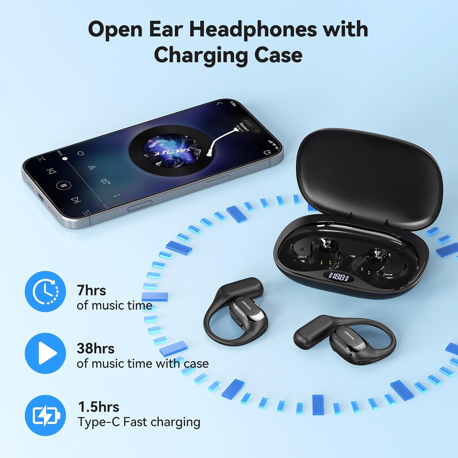 TECKNET Open Ear Headphones, Bluetooth Headphones 6.0 Sports with Smart Digital Display, 40H Playtime, IPX5 Waterproof, Wireless Earbuds Lightweight Design Fit Fitness/Travel/Cycling (Black)