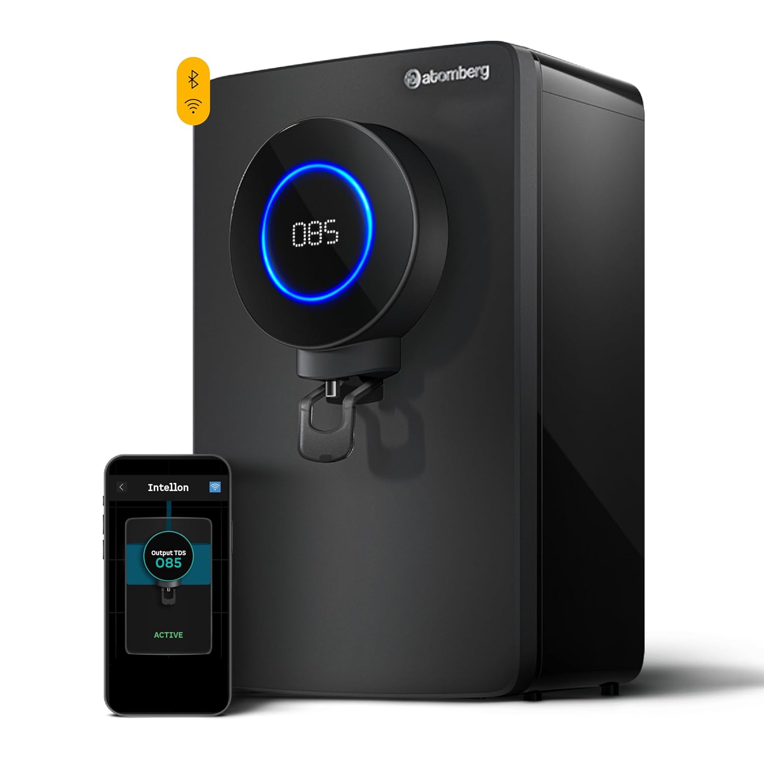 Atomberg Intellon Water Purifier with a smartphone displaying its app interface