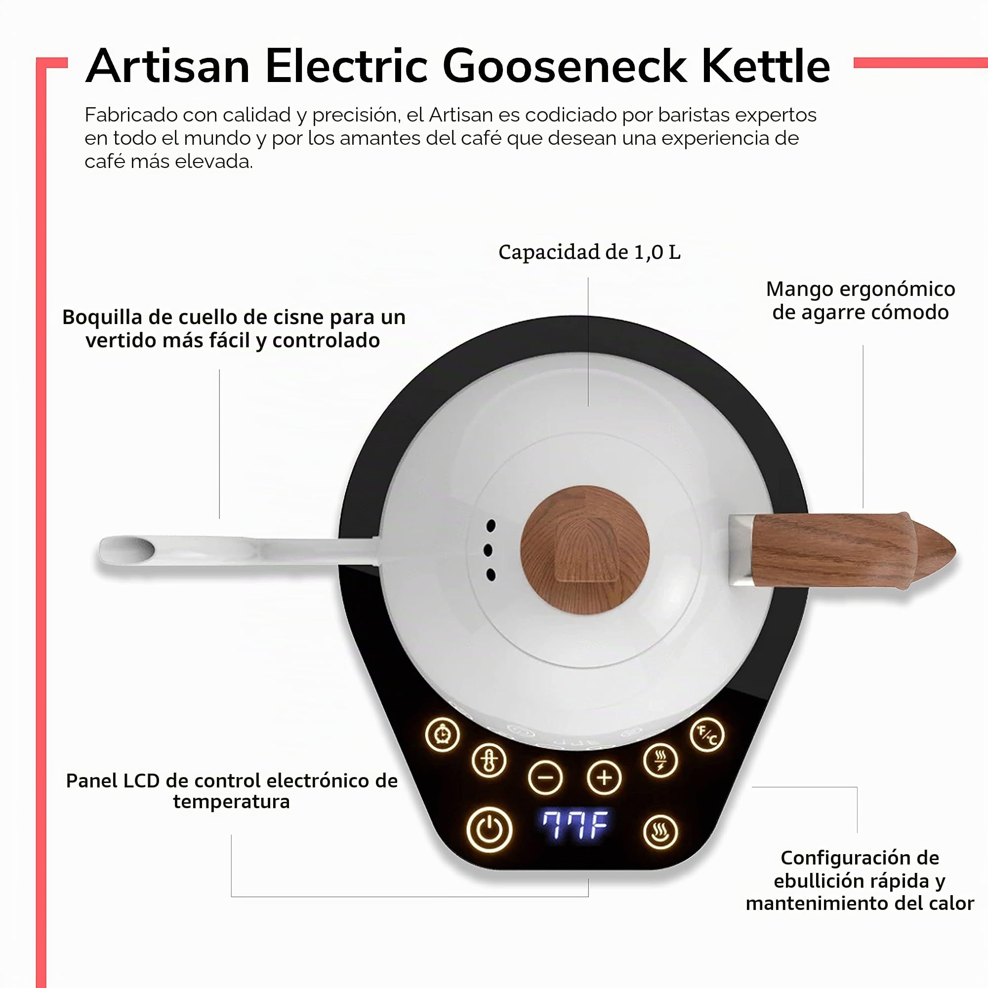 Brewista Artisan Matte Black | Hervidor eléctrico | Caño de cuello de cisne | Regulación de temperatura | Slow Coffee Barista | 1,0 L