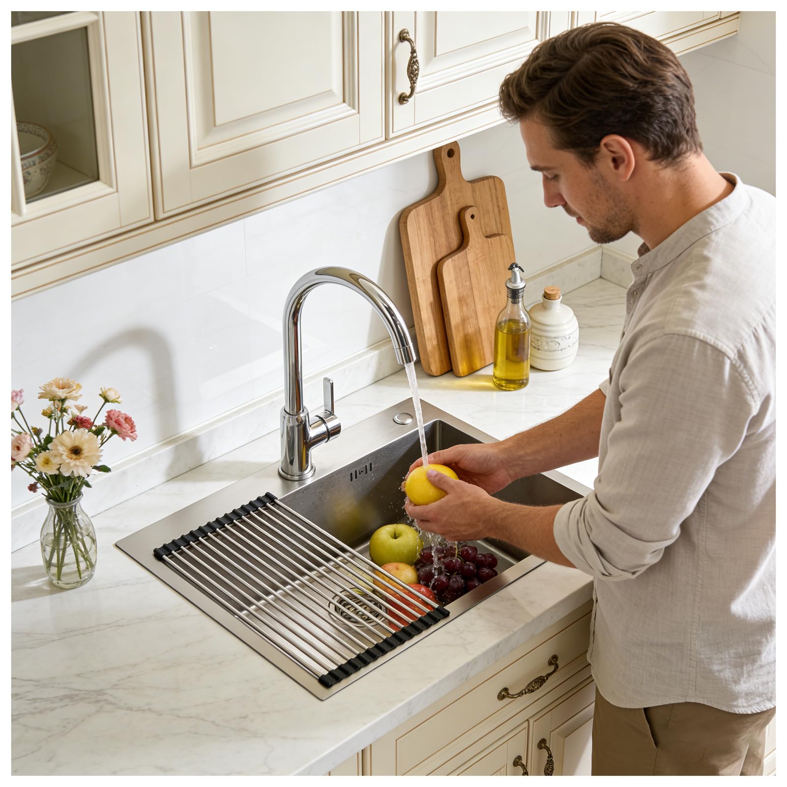 Kitchen Sink, 60 x 45 cm, Undermount Sink, Stainless Steel, 1 Basin, Built-in Sink, with Roll-Up Draining Board and Soap Dispenser, Siphon Drain and Overflow Set