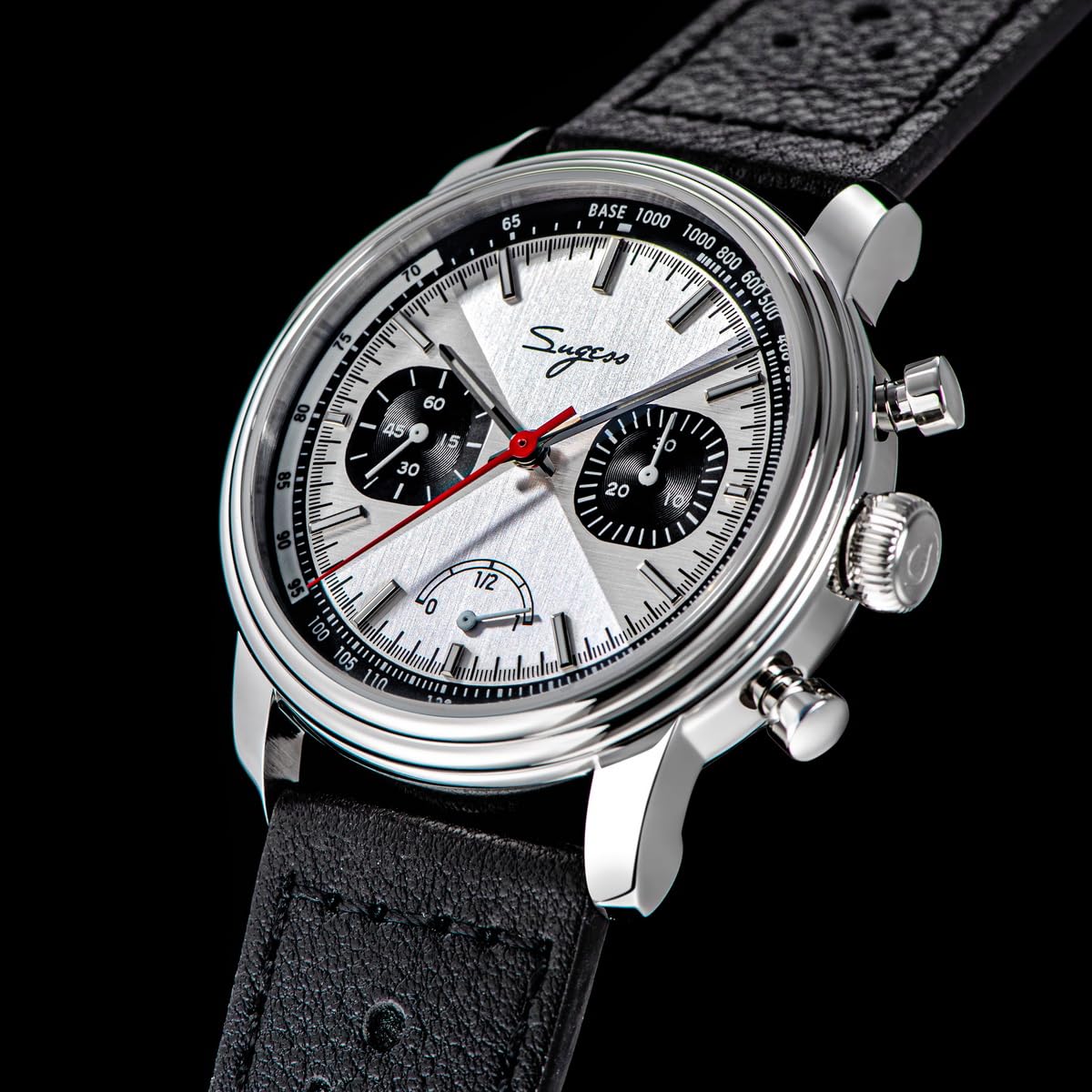 SUGESS Seagull ST1906 Panda 41 mm Ice-White Power Indicator Chronograph schwarzes Leder 1963 BNIB, weiß, Klassisch