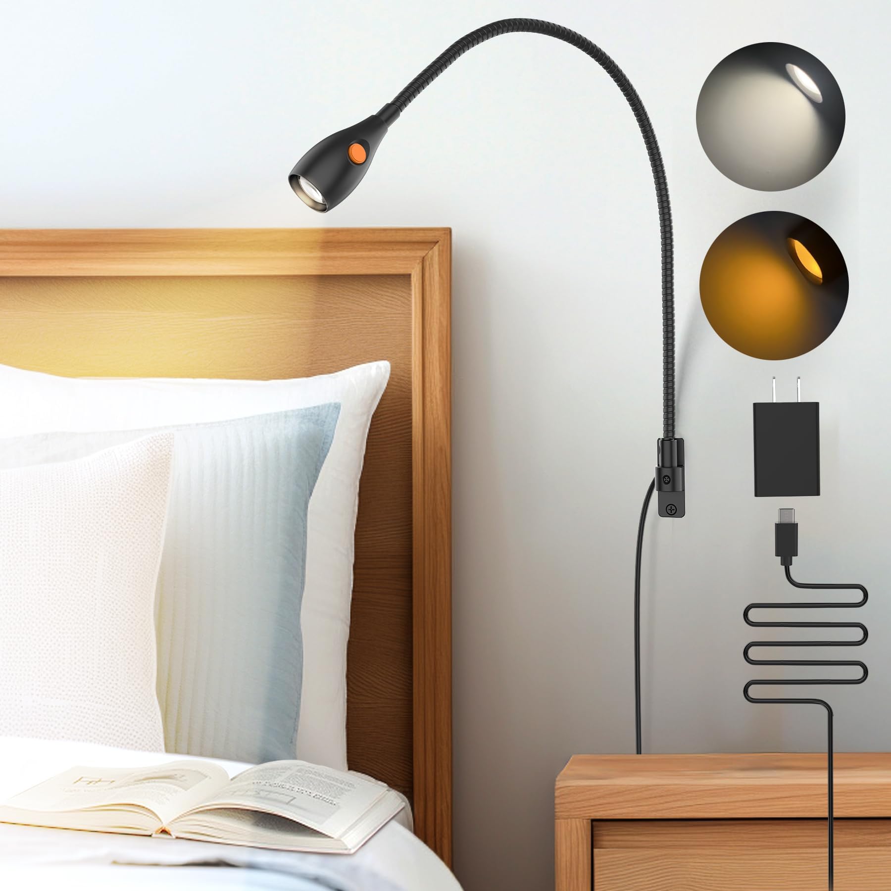 Wall Mounted Reading Light, Minimalist Headboard Mount Book Light, Dimmable LED with Lamp Head Switch Reading Lamp, USB-C Powered, CRI 95+ (4000K + Amber Nightlight) (Black)