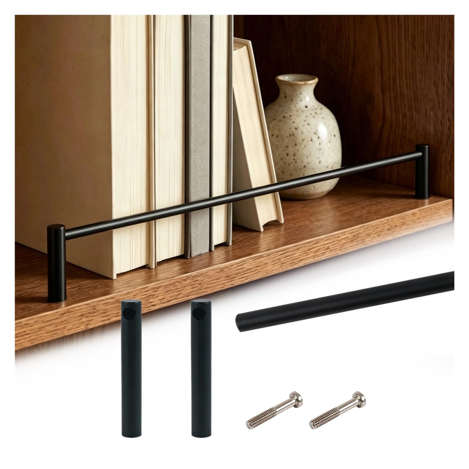 HPHDFS Custom Bookcase Shelf Rail Guard 20-120 cm, Stainless Steel Tipping Rails Set with 2 Spindles, Decor Anti-Fall Cabinet Metal Guardrail Bars for Living Room/RV/Entryway(Black,L 90cm/35.4")