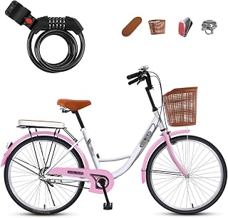 Winvacco Cruiser Bikes, Road Bikes, with Bike Lock, Back Seats Womens Bike Single Speed Bicycle Commuter Bicycle,Pink-26inch