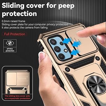 for Galaxy A32 4G Case, Samsung A32 4G SM-A325F Case with Tempered Glass Screen Protector and Slide Camera Cover, Magnetic Ring Car Mount Holder Kickstand Cover for Samsung Galaxy A32 4G Gold