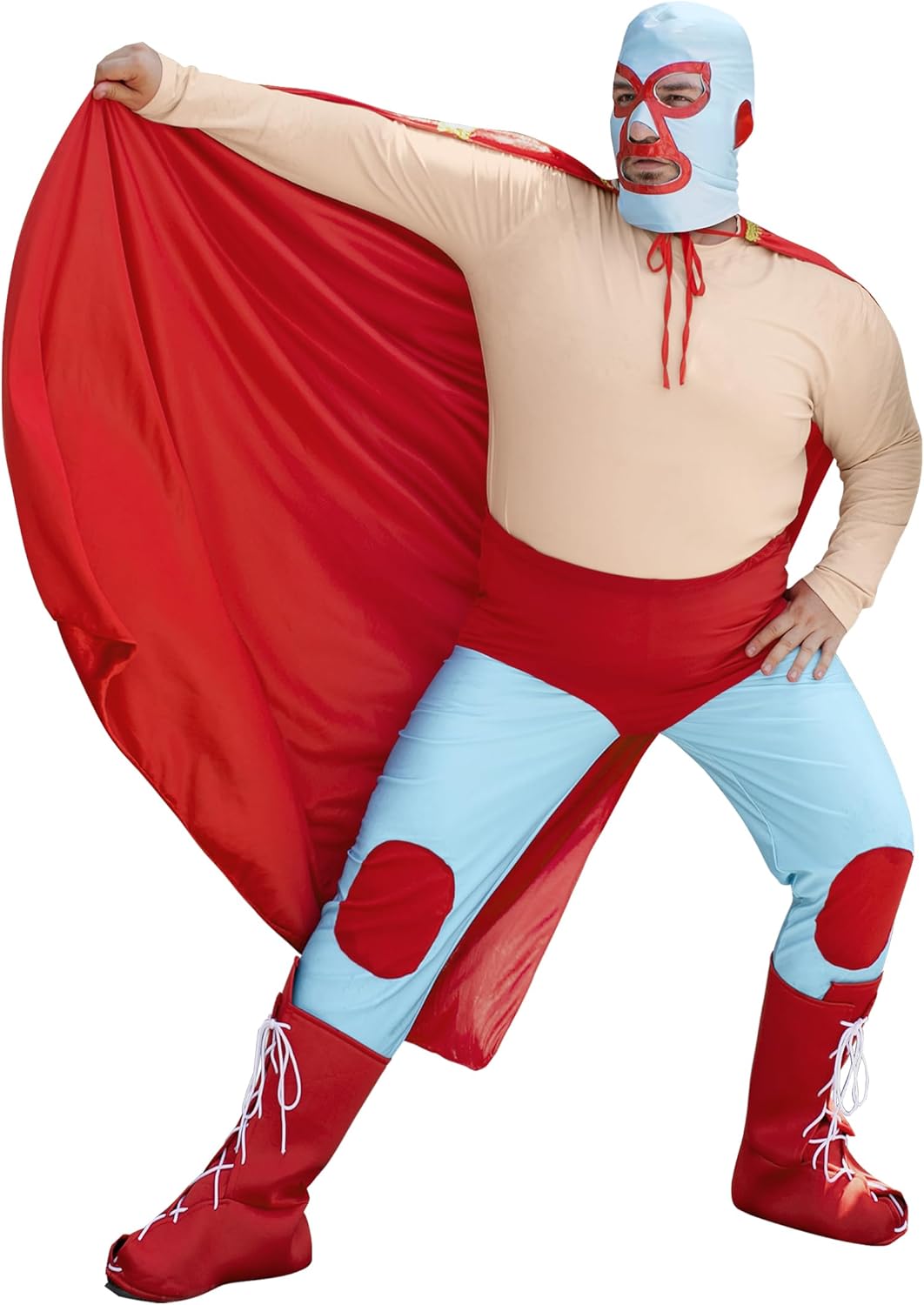Mainfini 5 Pcs Nacho Libre Costume Adult Men Mexican Wrestler Outfit Funny Tshirt Mask Cape Tights Boot Cover (S-3XL)