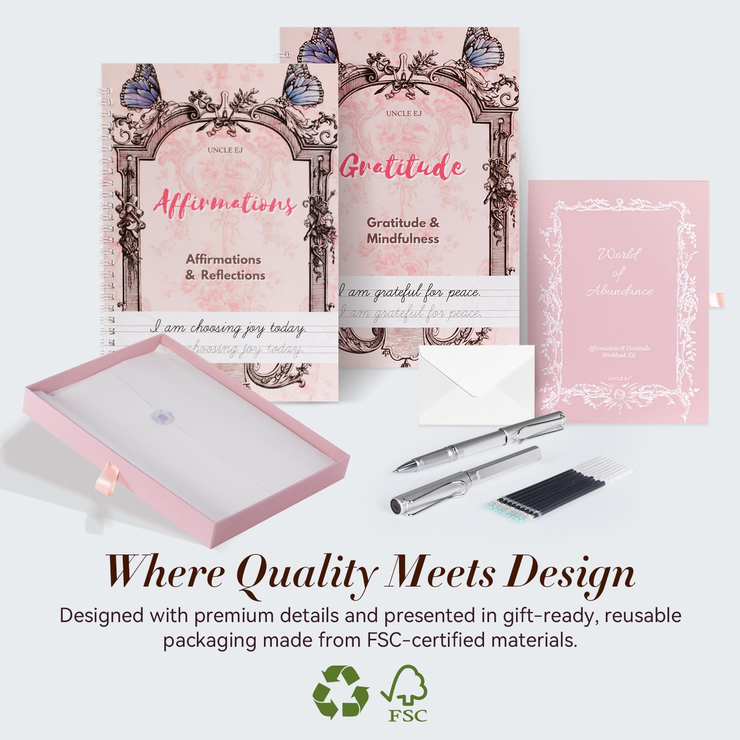 UNCLE EJ® Reusable Affirmation & Gratitude Workbook Kit with Disappearing Ink, Grooved Tracing, Morning & Night Reflections, Mindfulness Gifts for Women, Gratitude Journal, World of Abundance, 9.8"x7"