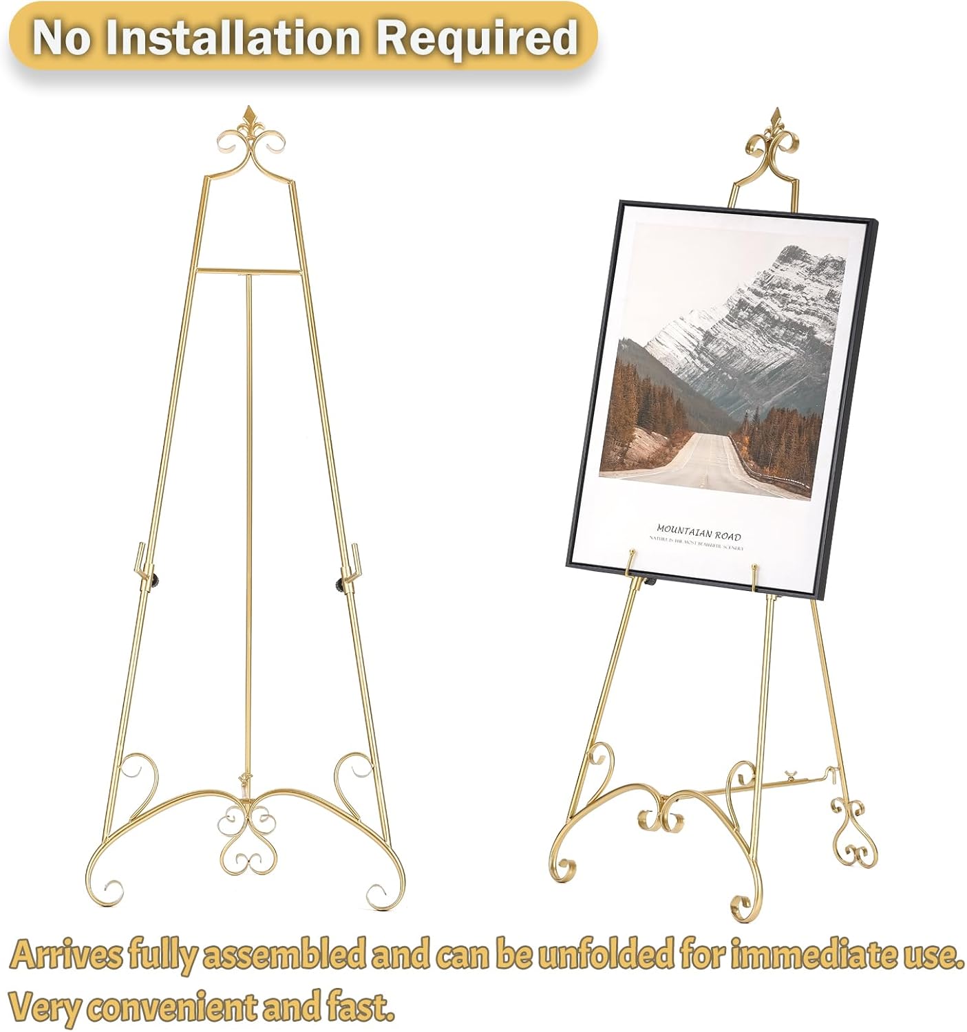 57" Large Gold Easel Stand for Sign with Fleur De Lis Design, Metal Easel Display Stand with Adjustable Hook & Chain, Heavy Duty Easel for Mirror, Sign, Wedding, Picture (No Installation Required)