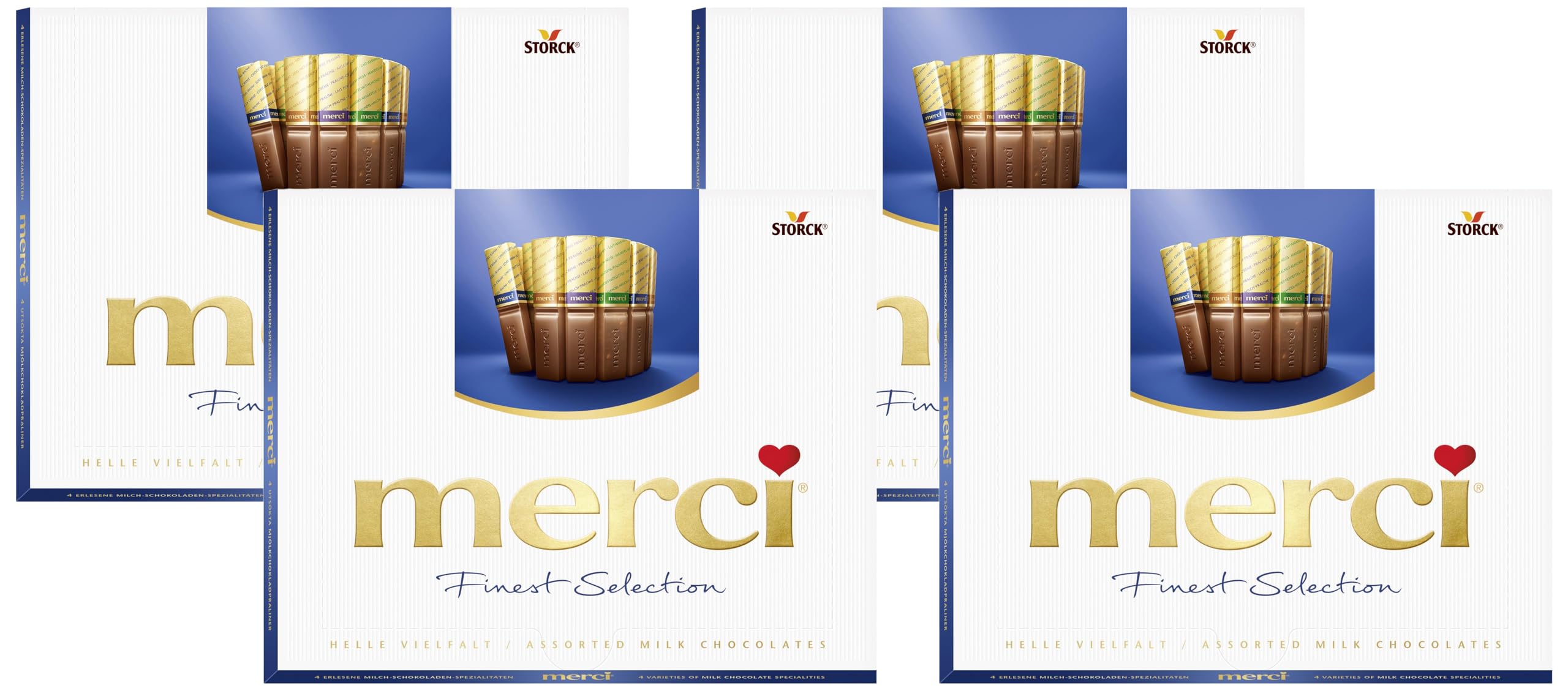 Merci Finest Milk Chocolate Box, 4 Flavour Varieties, Gluten-Free Classic Milk Chocolate Gift Box, 250 g (Pack of 4)