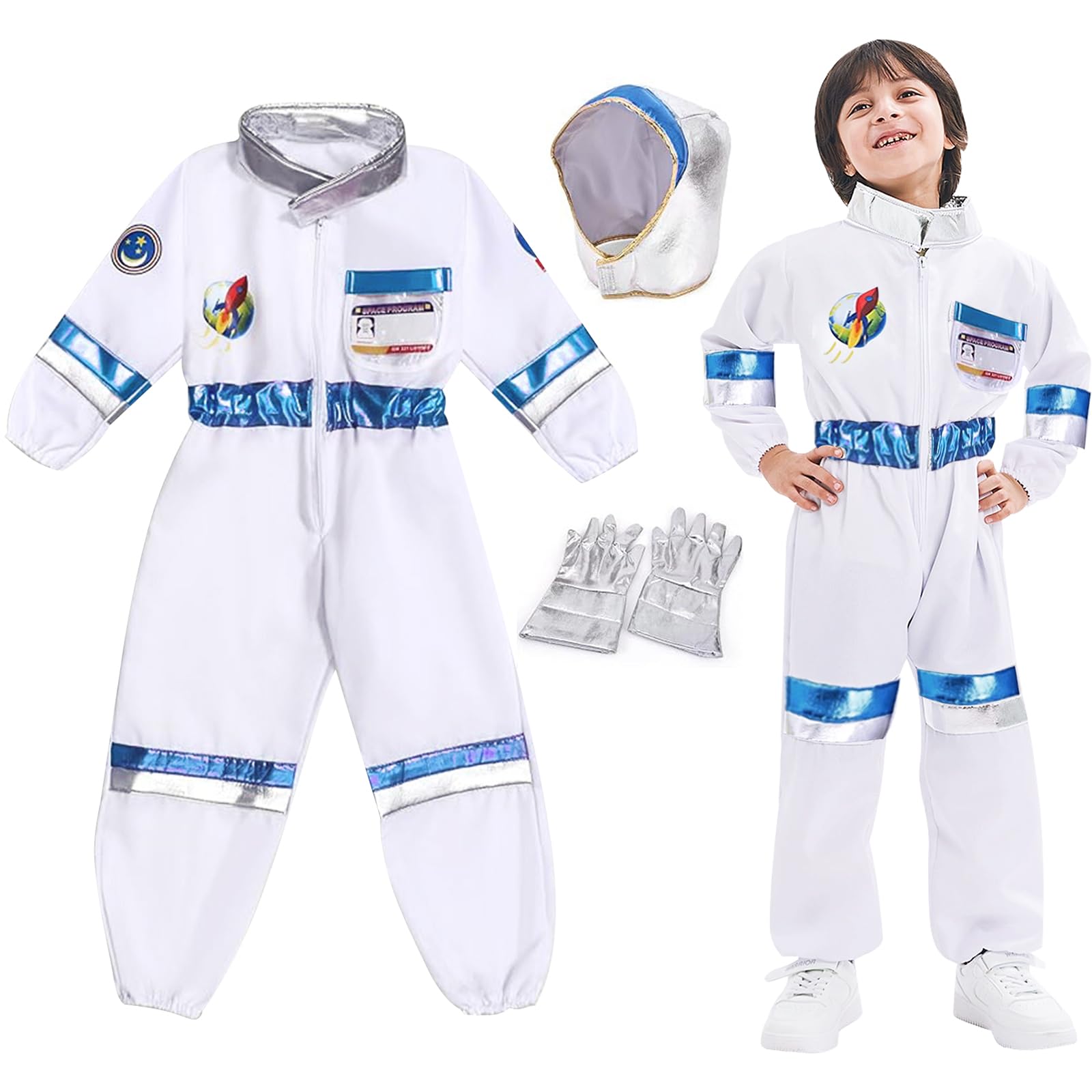 Luckyou Astronaut Costume Kids with Gloves helmet Space Costume Kids Spaceman Role Play Outfit Set for Boys and Girls Carnival Schoolroom World Book Day,M
