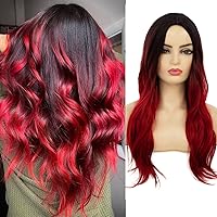 Vista 7 de Baruisi Peluca larga ondulada de color negro y morado, peluca sintética natural con raya en medio para cosplay, pelucas de pelo para mujeres