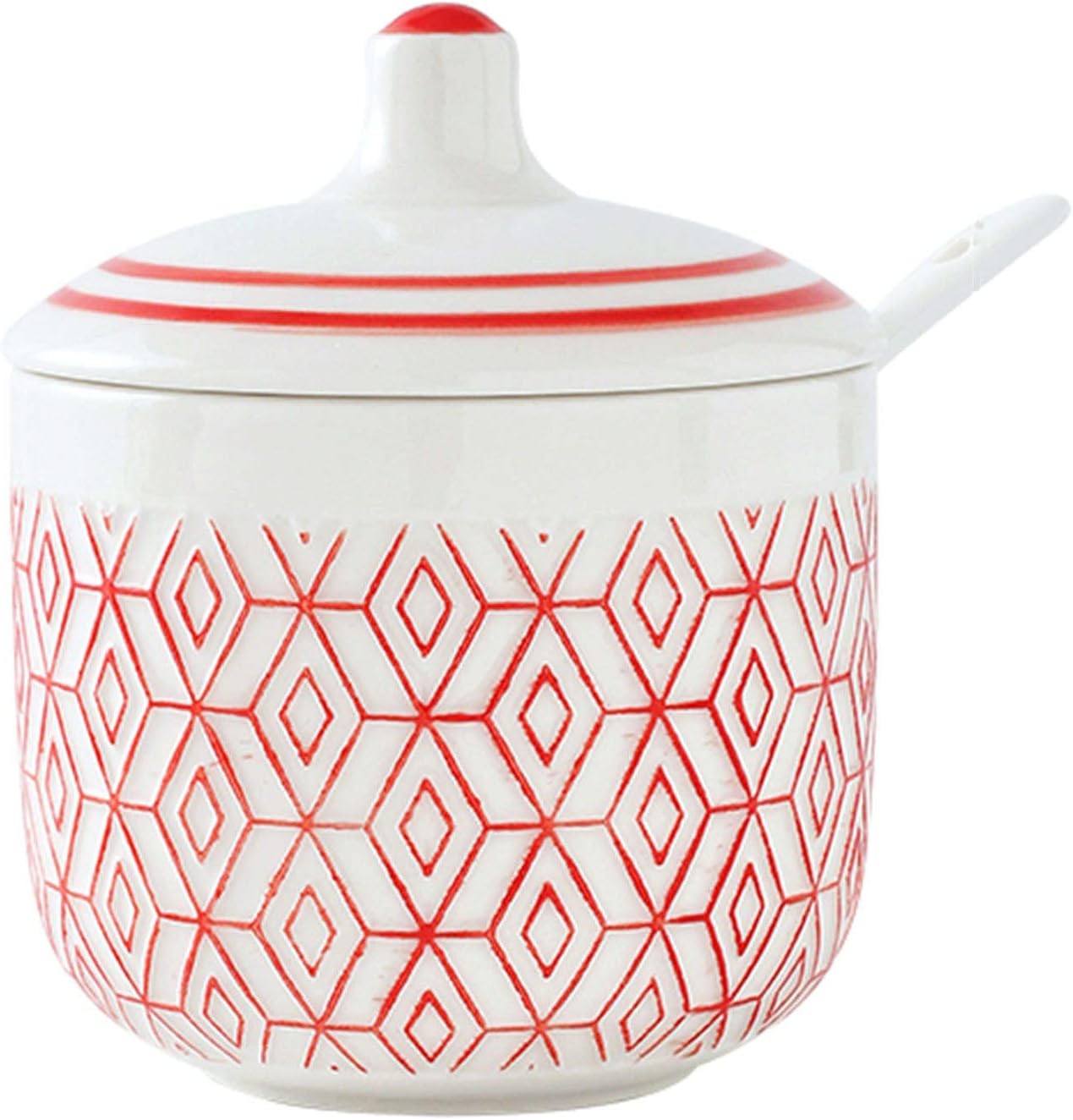 Sugar Bowl,Seasoning Canister, Nordic Sugar Bowl with Lid, Colorful Embossed Lattice Storage Jar, Solid Color Porcelain Sugar Pot, Salt Pot, for Coffee Bar, Restaurant-Pi,Pink Grid-9x8x11.5cm