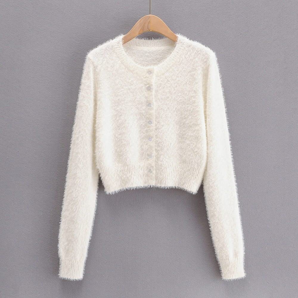 Damen Strick Cropped Cardigan Mohair Strick Cardigan Pullover Schlank Einfarbig Langarm Strick Oberbekleidung Top Button Down Vorne Offene Strickwaren
