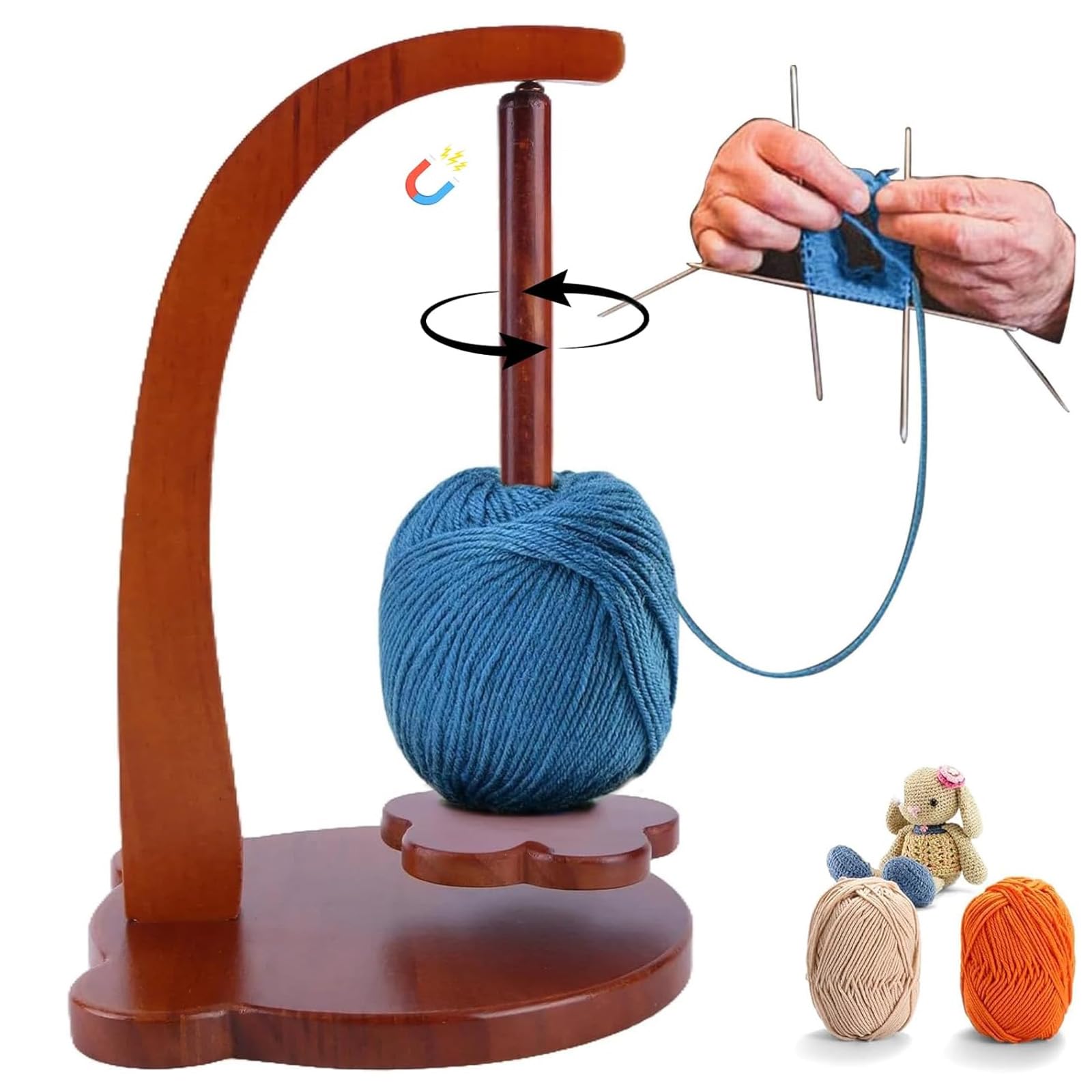 rolu Yarn Holder Portable Wooden Yarn Spinner Detachable Yarns Ball Holder Organizer with Rotating Magnetic Straight Axis Wooden Spinner for Knitting Crochet Lovers(Retro)