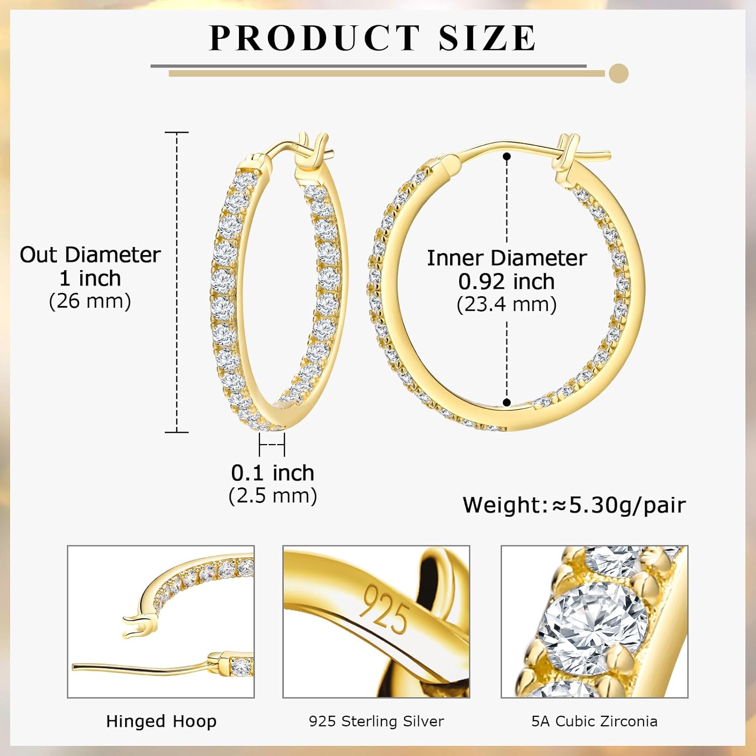 Diamond Hoop Earrings Sterling Silver Hypoallergenic Classic Chunky Hoop Earrings Full Gemstone Luxury Earrings for Women Wedding,Daily or Party, 15/20/26 mm - Image 4