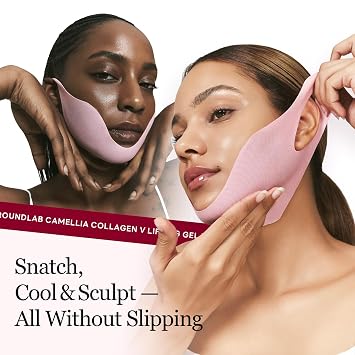 ROUND LAB Camellia Deep Collagen V Lifting Gel Mask 4ea | Double-chin Turkey Neck Instant Face Lifting Mask, Cooling and Depuffing Face Toning Belt, Firming Sagging Skin, Korean Skin Care, 10g/0.35oz | Double-chin Turkey Neck Instant Face Lifting, Cooling and Depuffing Face Toning Belt, Firming Sagging Skin, Korean Skin Care