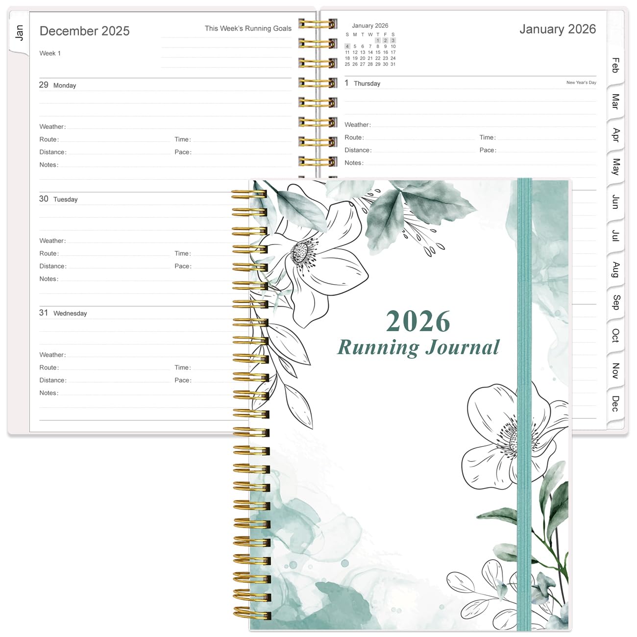 2026 Running Journal, Runner's Day-by-Day Log 2026, 12 Months Running Log for Tracking Your Daily Runs, Races, Goals and Achievements, Teal Flowers