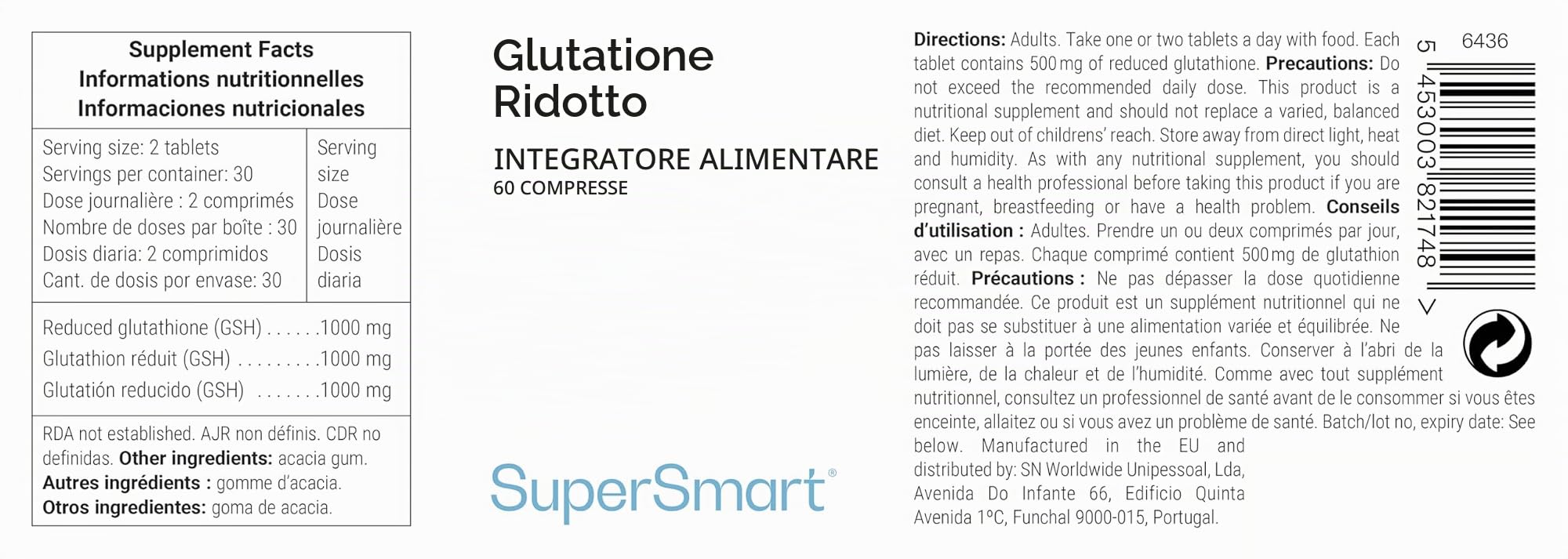 Glutatione Ridotto (GSH) - Antiossidante - Senza Glutine - SuperSmart | Tripeptide formato dagli aminoacidi Cisteina, Acido Glutammico e Glicina - Vegano