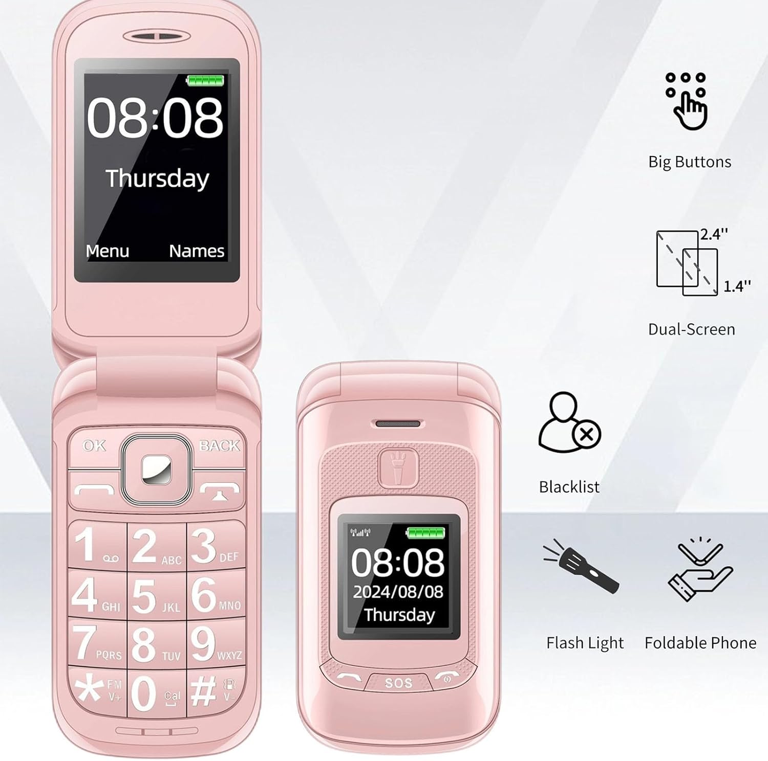 Yoidesu Unlocked Flip Phone, 2G GSM Senior Cell Phone with Dual SIM, Large Buttons Clamshell Mobile for Elderly, Big Keys Loud Speaker Dual Screen 2.4 Inch + 1.4 Inch Pink (US Plug)