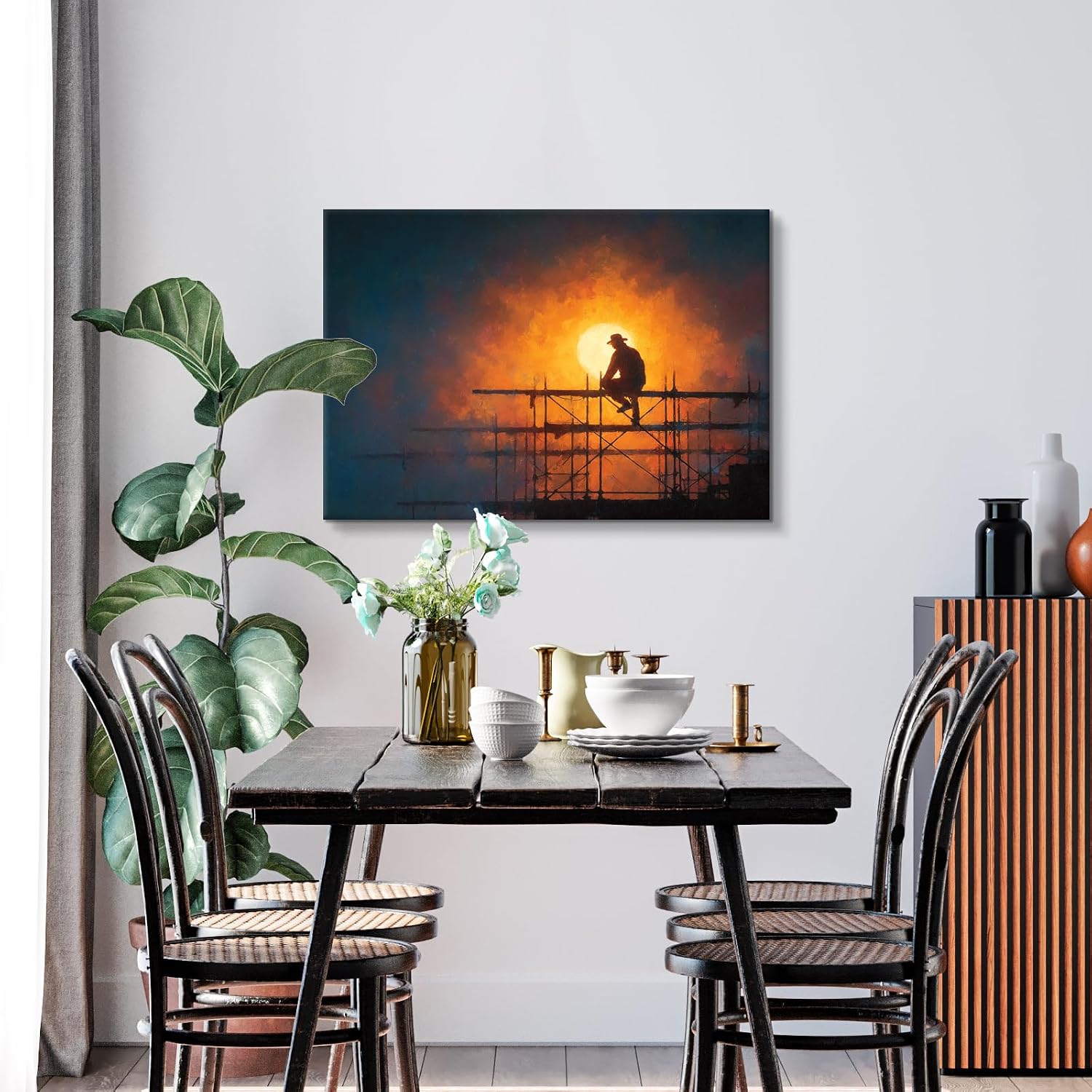 Craftline - Sunrise and Sunset Landscape Building Canvas Print Art, Construction Worker Silhouette Painting Artwork for Workshop Farmhouse Home 24x16inch