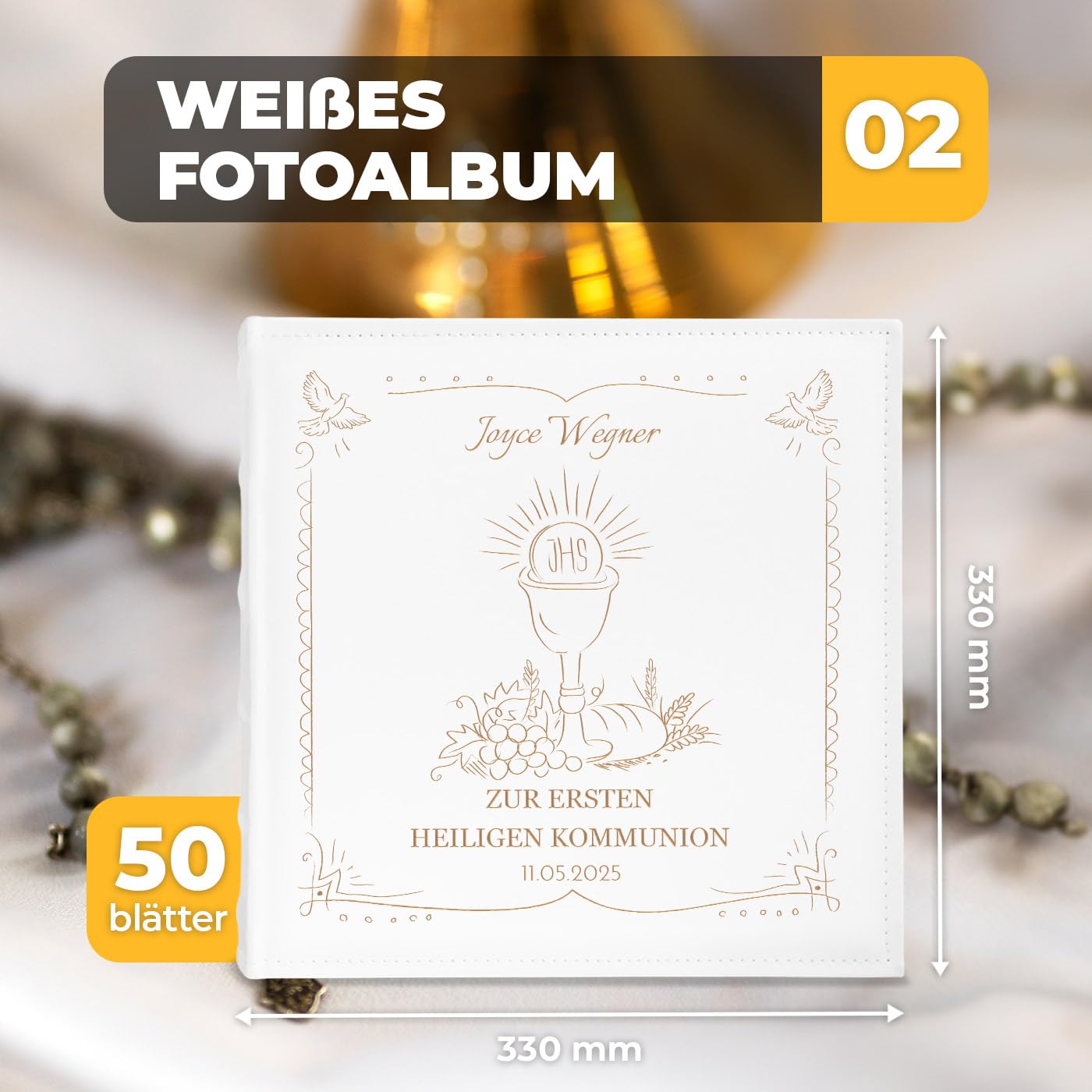 Maverton Fotoalbum zum Einstecken 10x15 cm - Einsteckalbum mit Aufdruck für 500 Fotos - Photo Album für Kind - personalisierte Geschenke zur Geburt Taufe Kommunion - 33x33cm