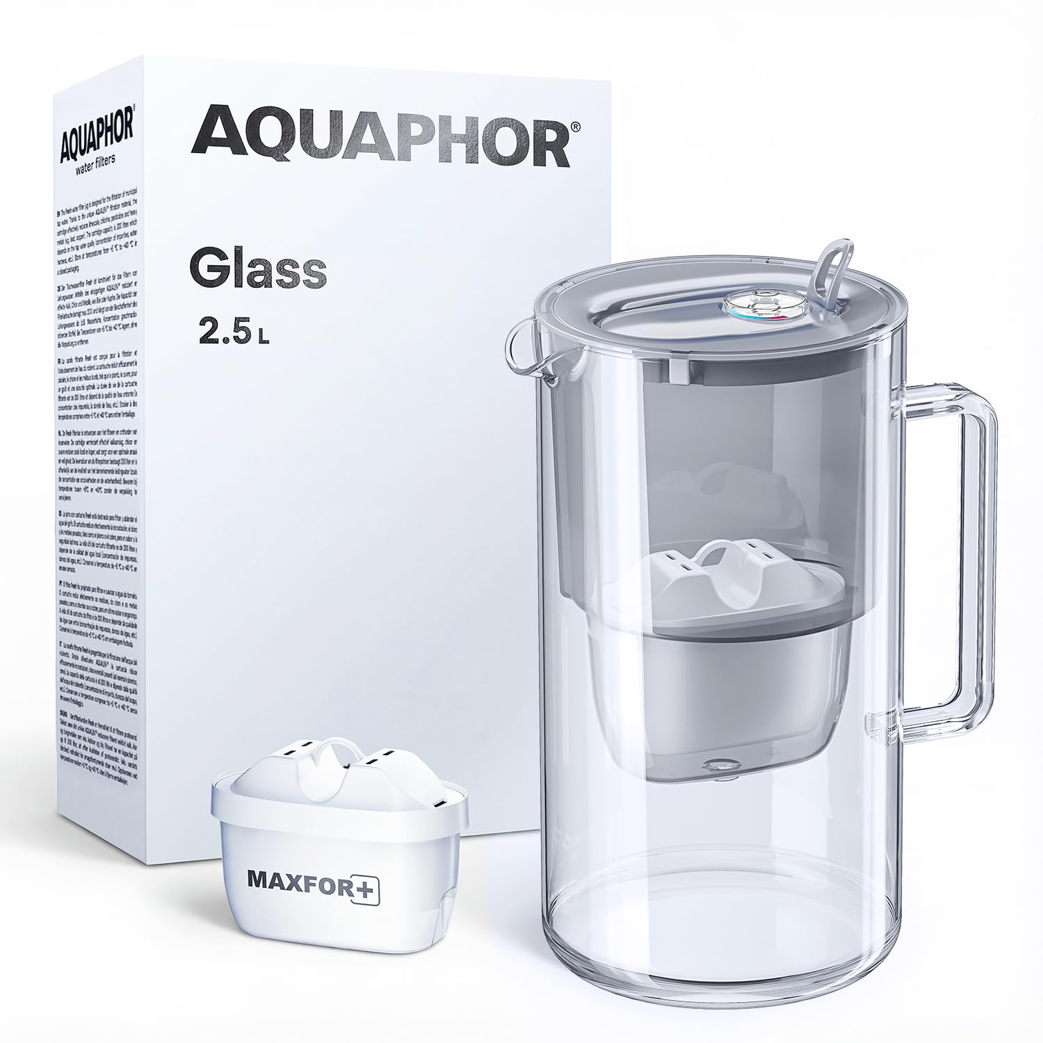 AQUAPHOR Water Filter Jug Glass Grey 2.5L with 1 x Maxfor+ Cartridge