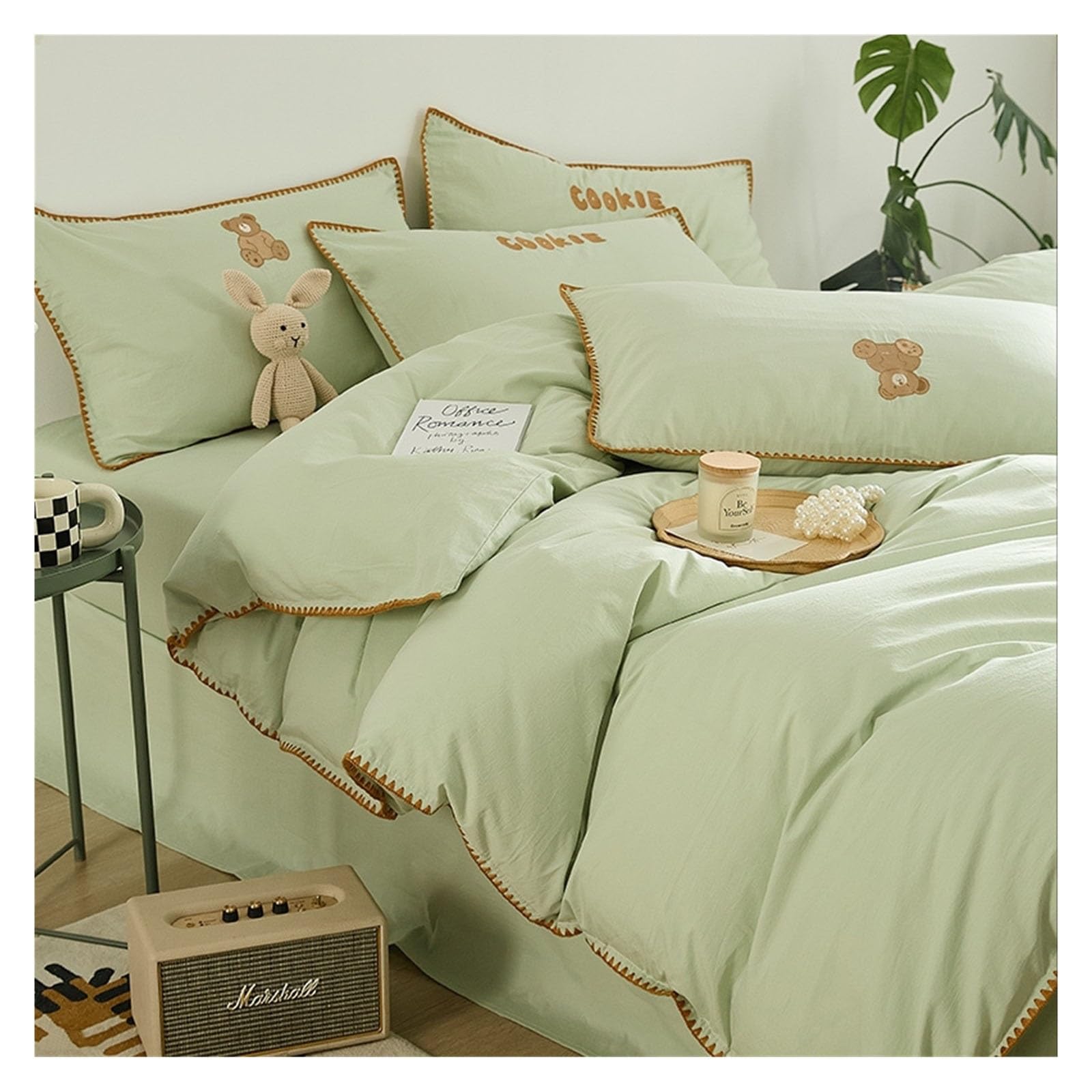 Housse de couette 100% coton respirant parure de lit 4 pièces broderie thermorégulatrice