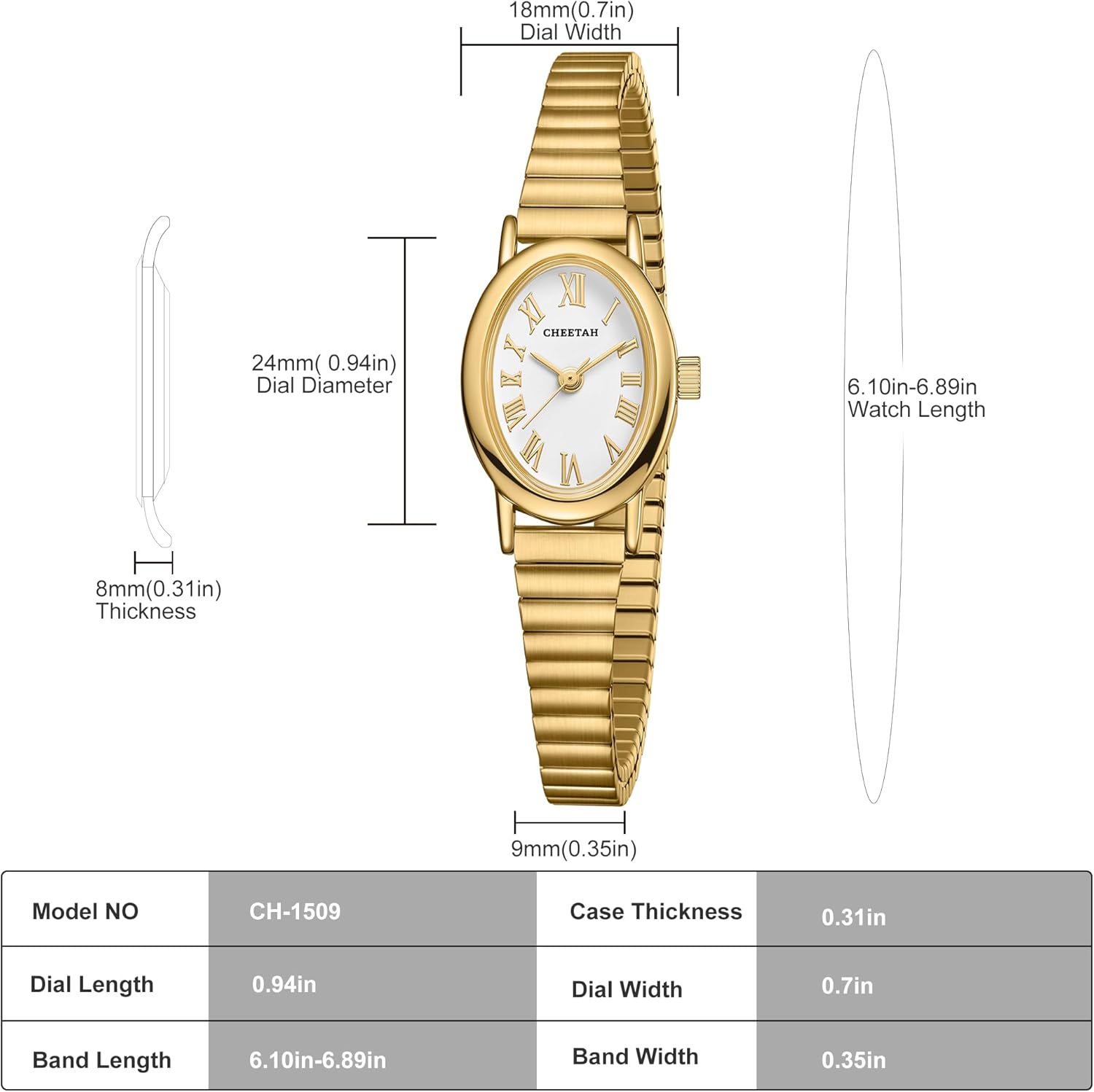 CHEETAH Dainty Gold Watches for Women, with Stainless Steel Expansion Band, Small Oval Case, Analog Roman Dial - Image 4