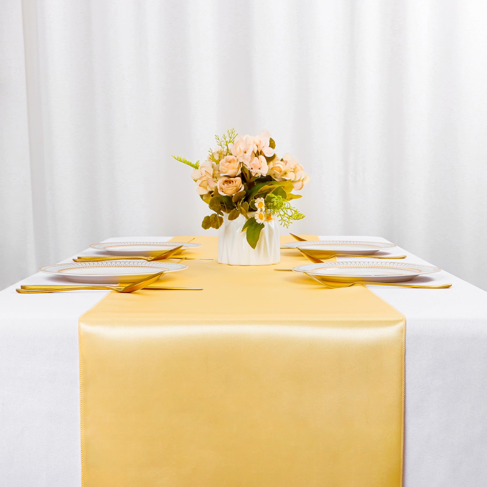 ShinyBeauty Gold Table Runners Satin Table Runner 10 Pieces 12" X108“ Light Gold Runners for Table Party,Events,Wedding,Birthday,Graduations