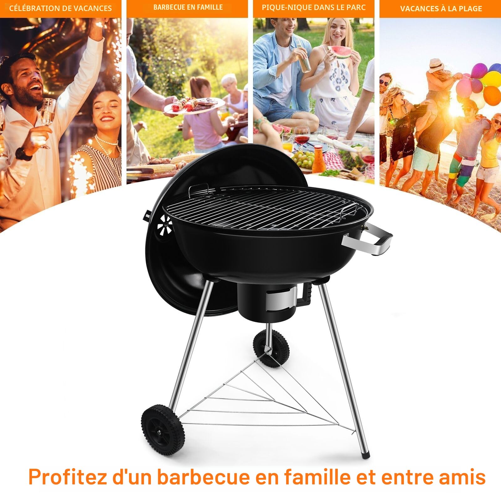 Barbecue Charbon Rond avec Couvercle et Roues - Grande taille | BBQ Portable, Pour Jardin Camping Balcon