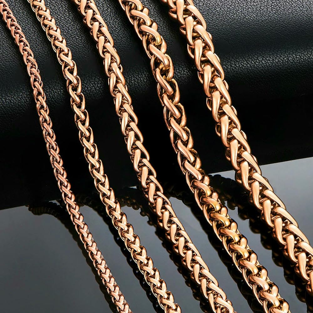 Optxzn Rose Gold Color Stainless Steel Wheat Braided Necklace Link Classic Curb Chain for Men Women Jewelry 3mm/4mm/5mm/6mm/7mm