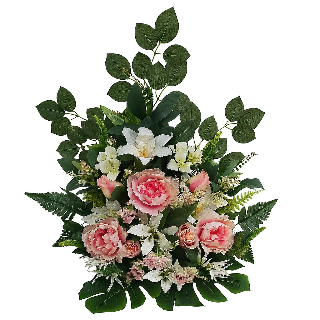 Centro de flores artificiales para cementerio iglesias bodas centro de flores para los santos rosa y blanco 75x55 cm