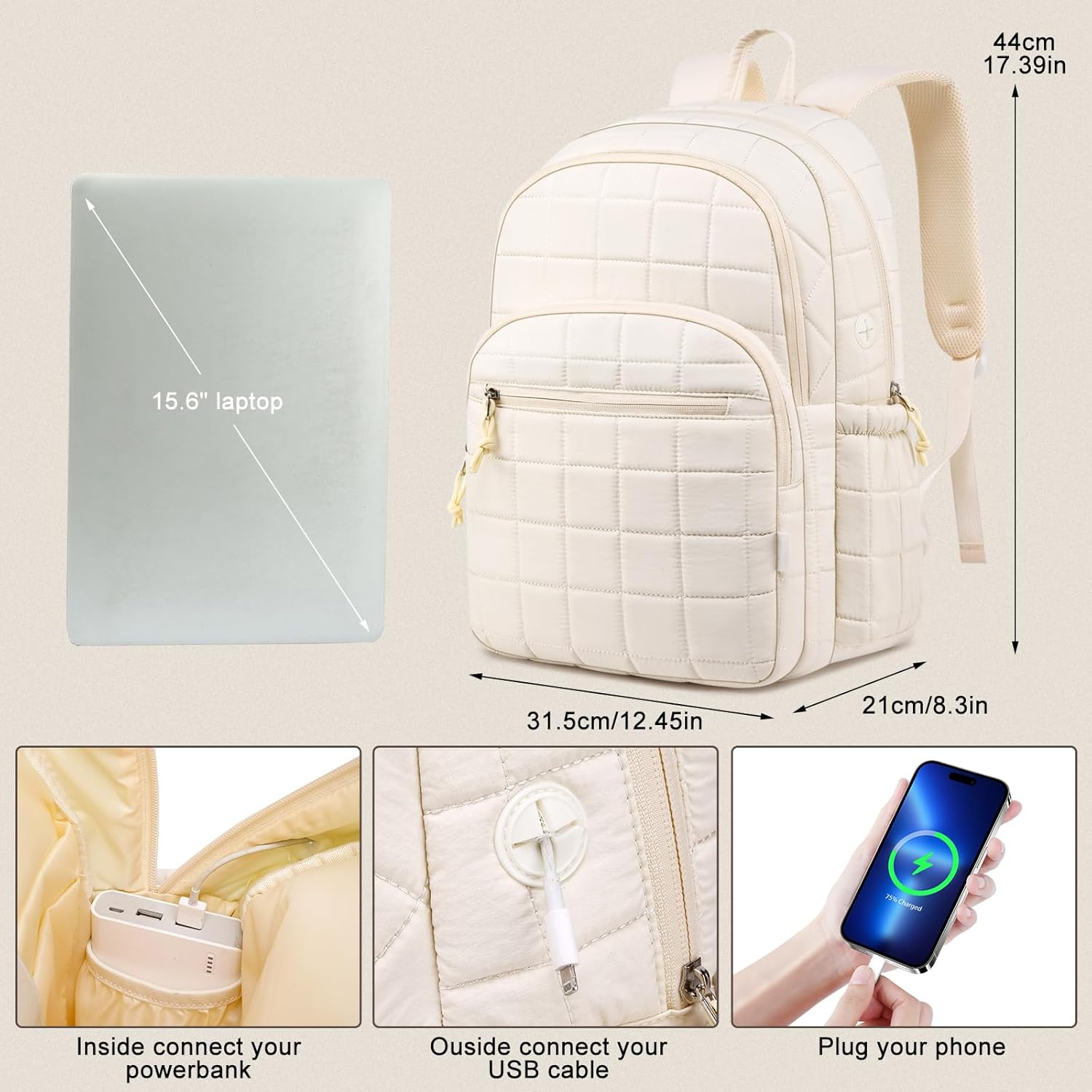 Laptop Backpack for Women College Travel,Quilted Daypack Bookbag for School Teen Girls Mochilas Mujer,Beige - Image 6