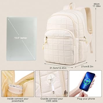 kadilong Laptop Backpack for Women College Travel,Quilted Daypack Bookbag for School Teen Girls Mochilas Mujer,Beige