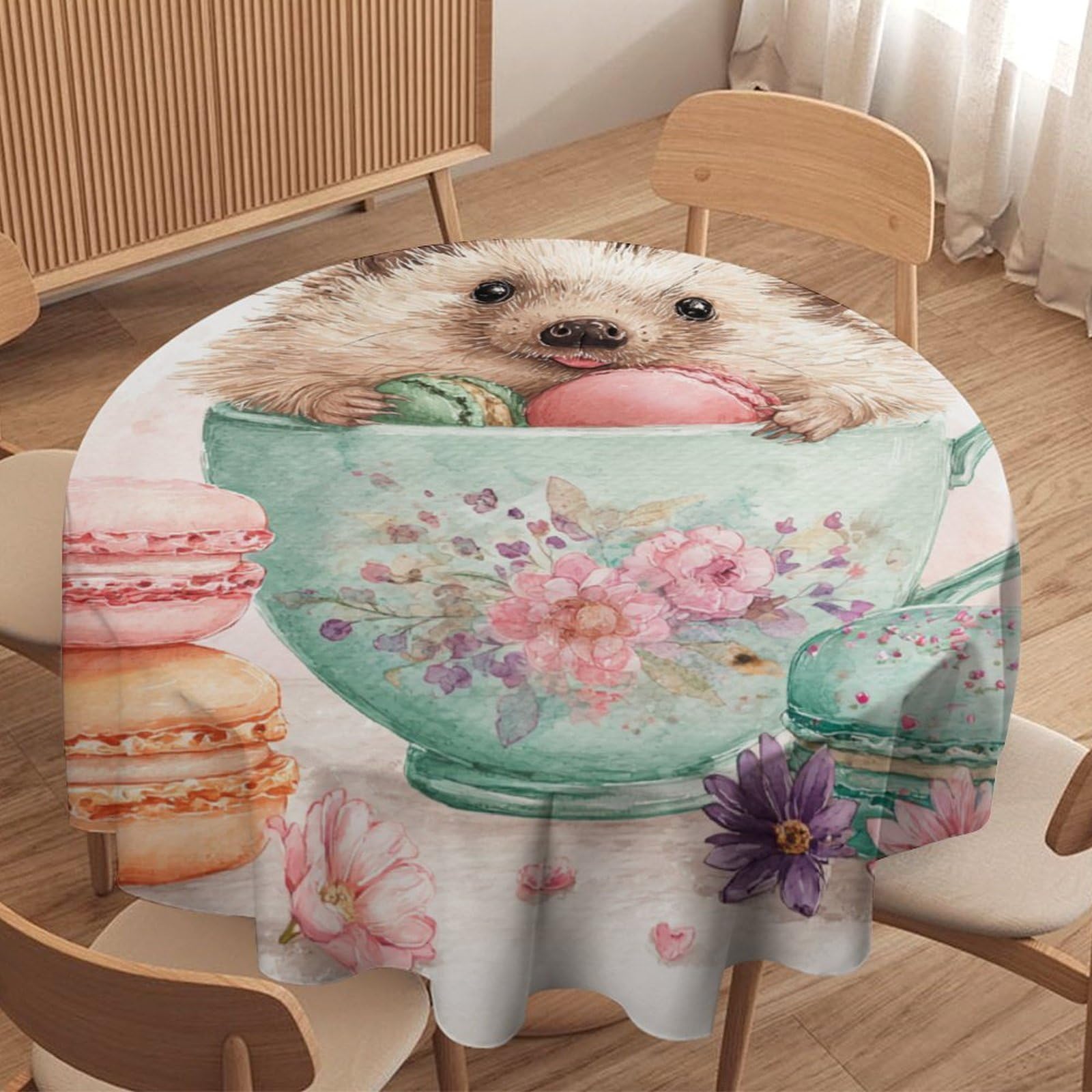 LUYYSKY Funny Abstract Cute Hedgehogs Round Tablecloth Classic Watercolor Macarons Floral Animals Hedgehog Print Washable Decor for Table Cover for Kitchen-177.8" Wx177.8 L cm