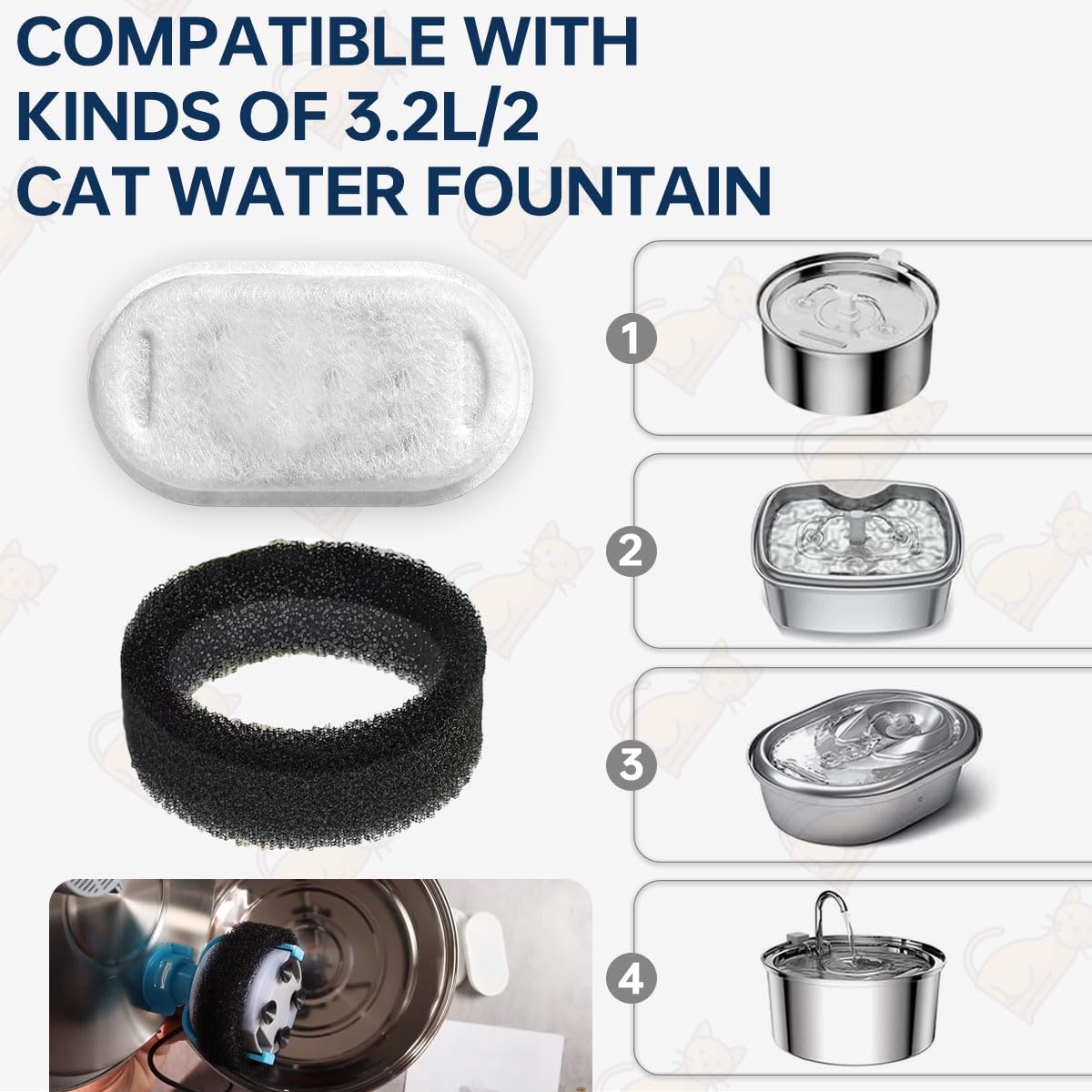 Opakowanie 16 filtrów do fontann dla kotów i gąbek filtrujących kompatybilny z Tomxcute 3.2L/108Oz & dla GIOTOHUN 67oz/2L ze stali nierdzewnej Fontanna dla zwierząt domowych (8+8)